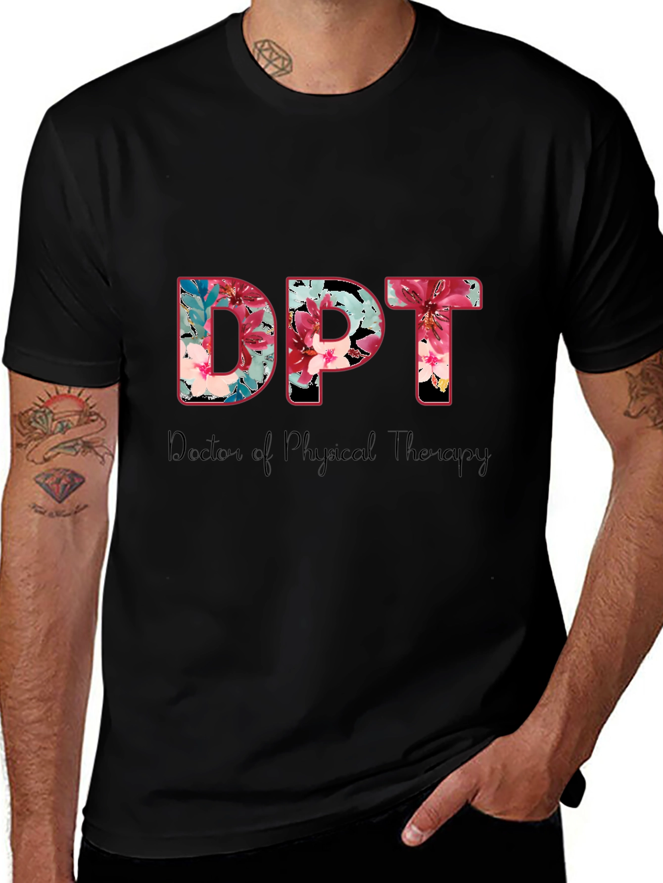 Floral DPT Doctor of Physical Therapy Black T-Shirt