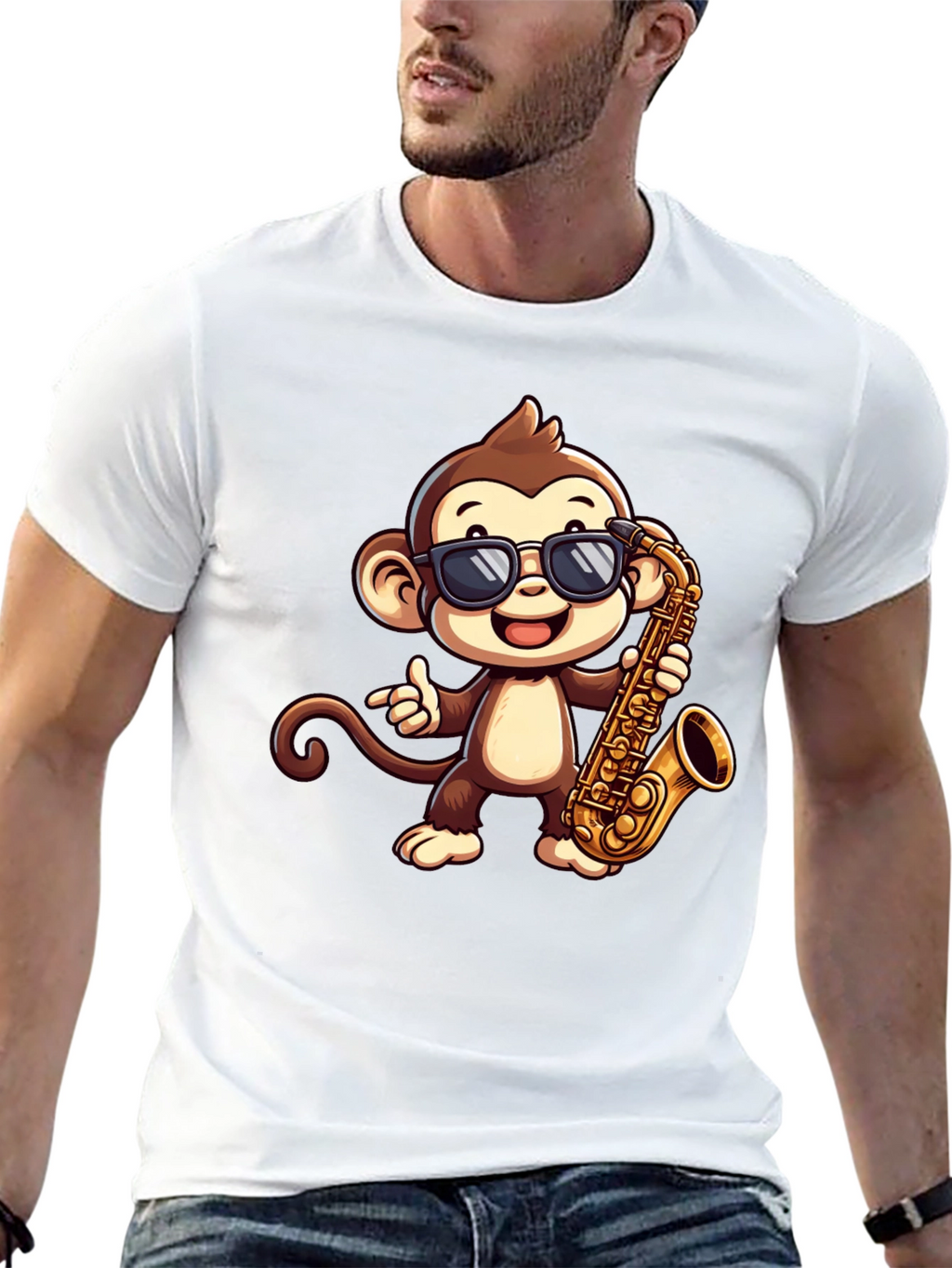 Monkey Saxophone Graphic Tee - Cool Cartoon T-Shirt