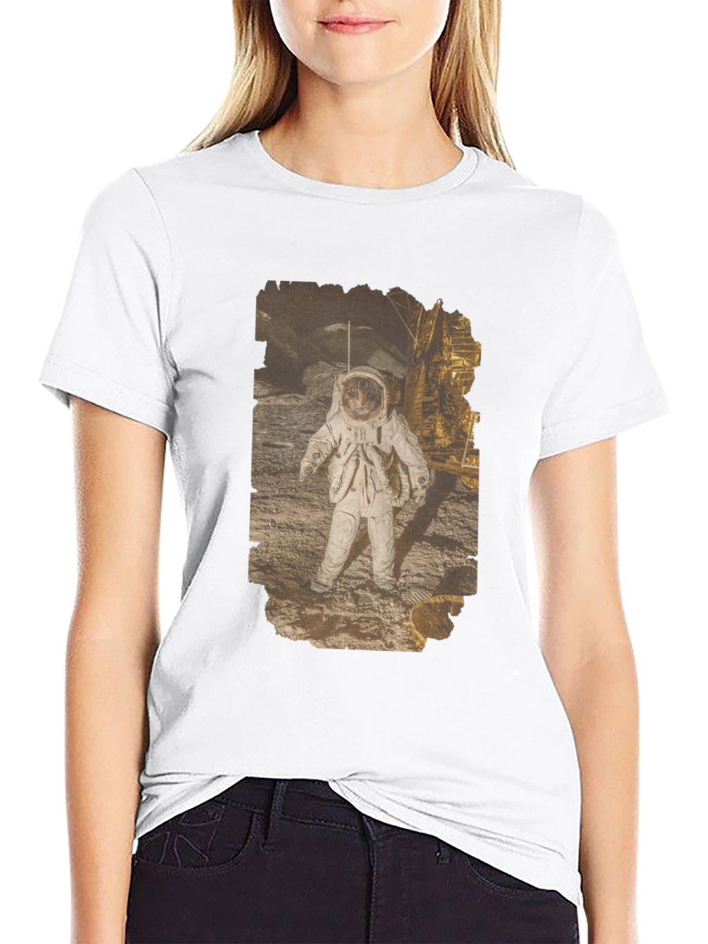 Astronaut Cat Graphic Print Black T-Shirt