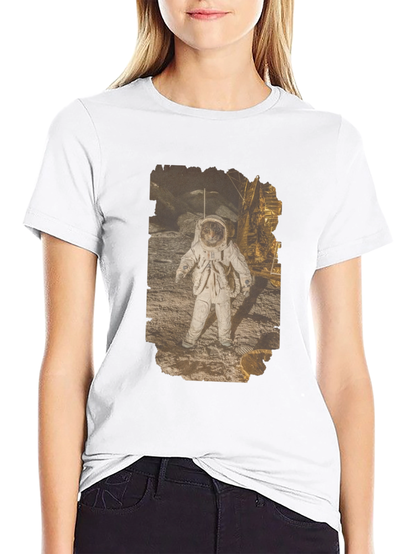 Astronaut Cat Graphic Print Black T-Shirt