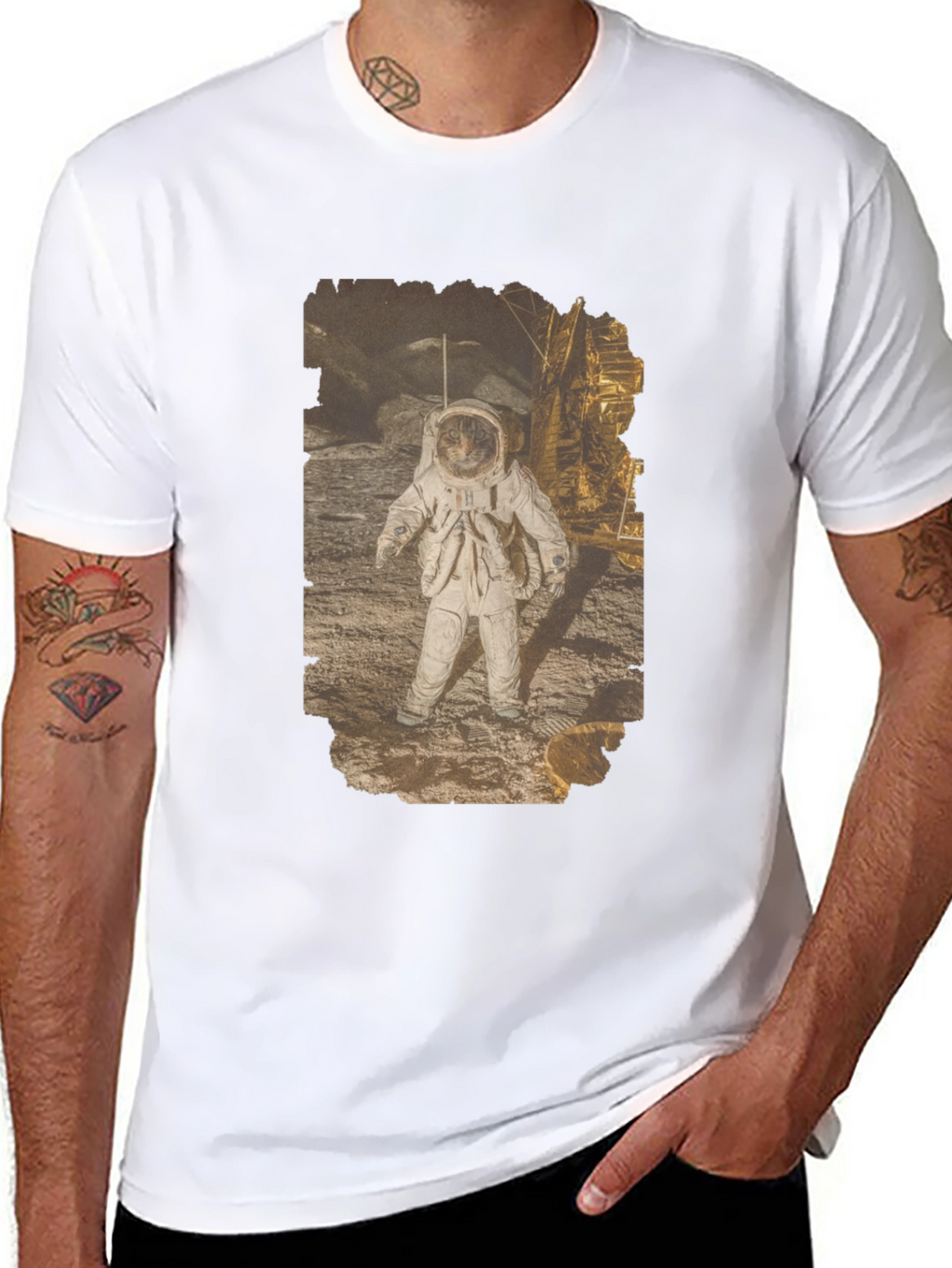 Astronaut Cat Graphic Print Black T-Shirt