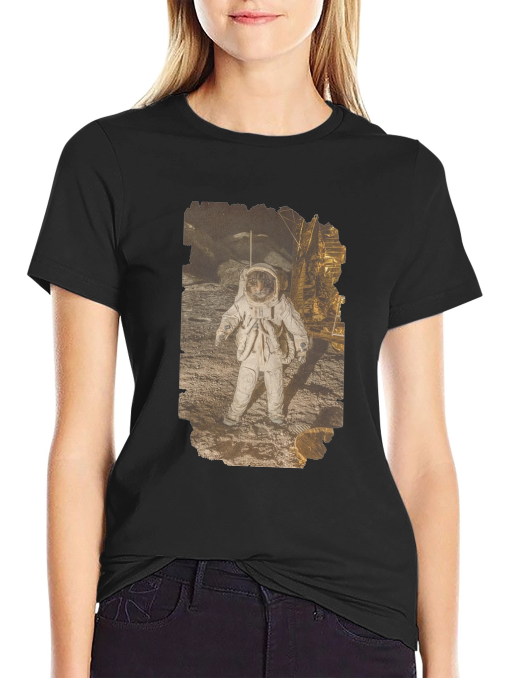 Astronaut Cat Graphic Print Black T-Shirt