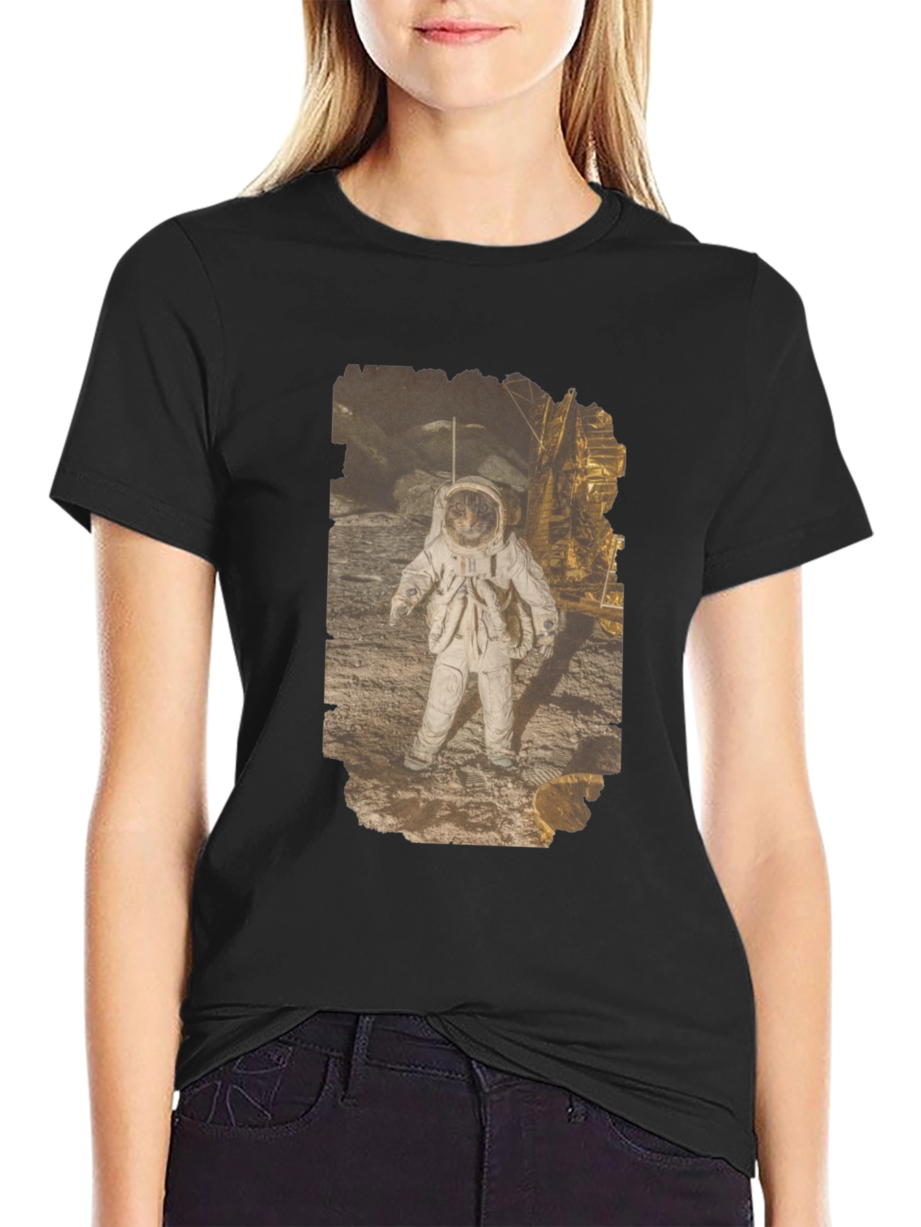 Astronaut Cat Graphic Print Black T-Shirt