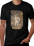 Astronaut Cat Graphic Print Black T-Shirt