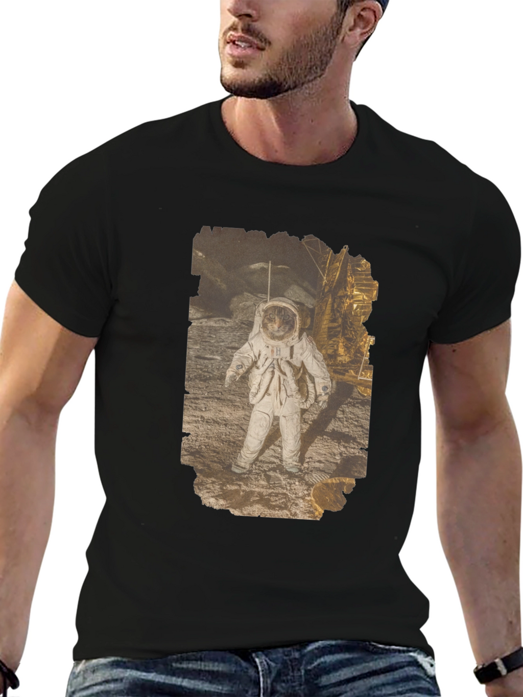 Astronaut Cat Graphic Print Black T-Shirt