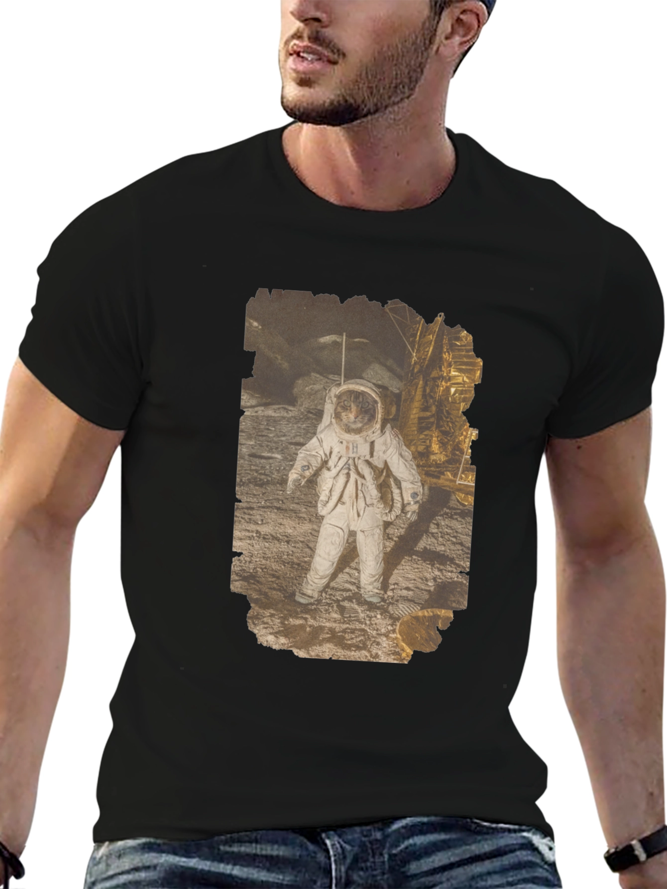 Astronaut Cat Graphic Print Black T-Shirt