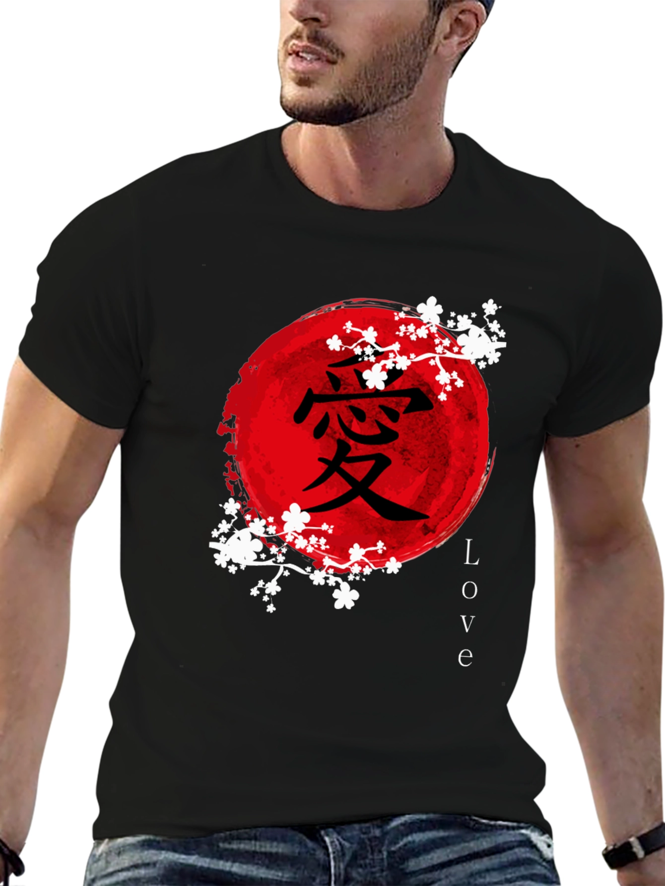 Japanese Love Symbol T-Shirt - Red Sun & Cherry Blossoms