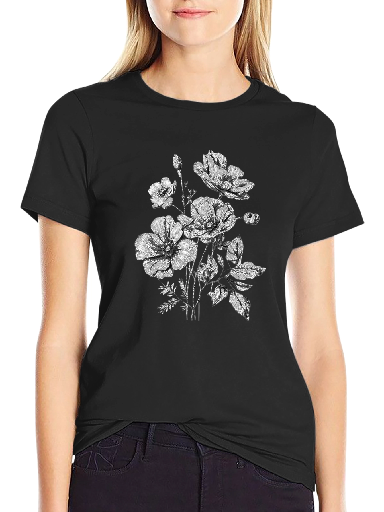 Floral Print Black T-Shirt - Botanical Graphic Tee