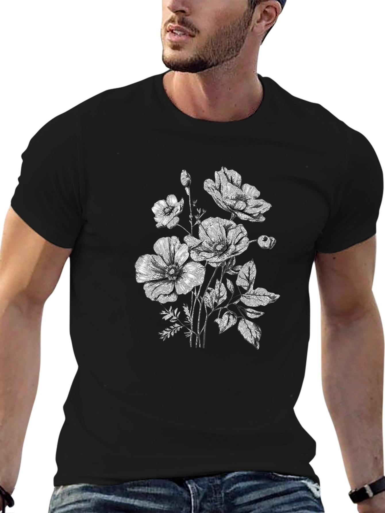 Floral Print Black T-Shirt - Botanical Graphic Tee