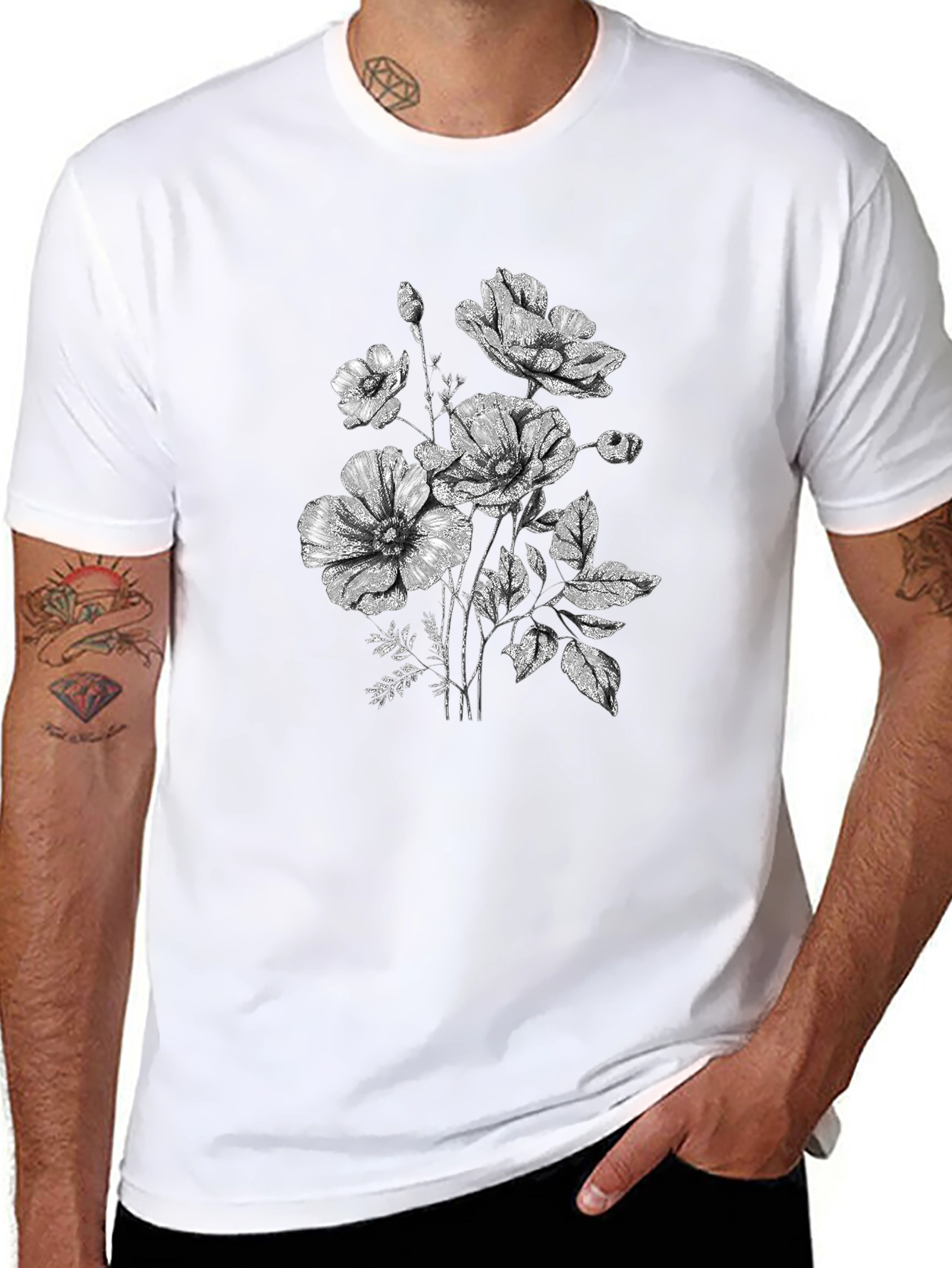 Floral Print Black T-Shirt - Botanical Graphic Tee