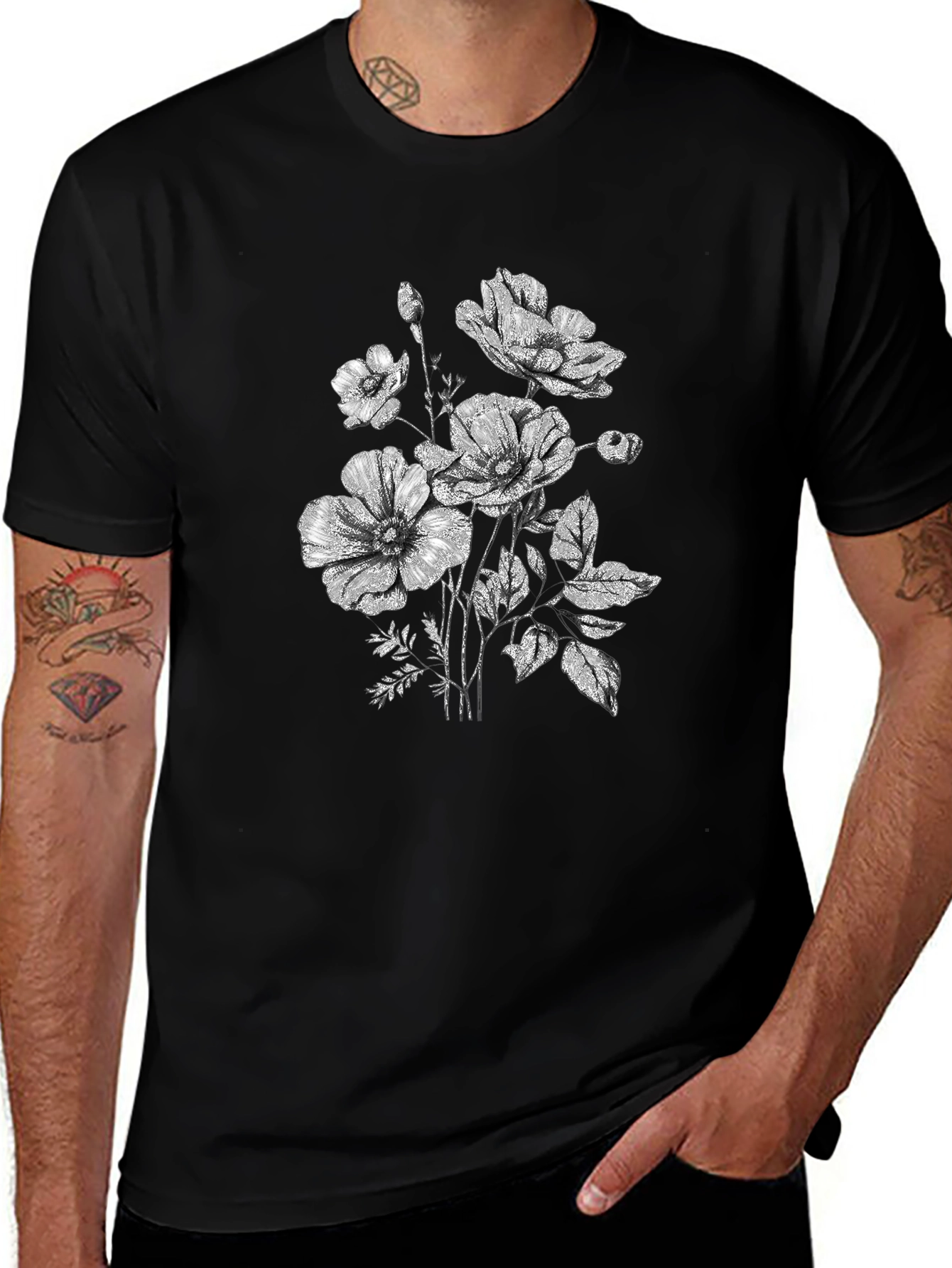 Floral Print Black T-Shirt - Botanical Graphic Tee