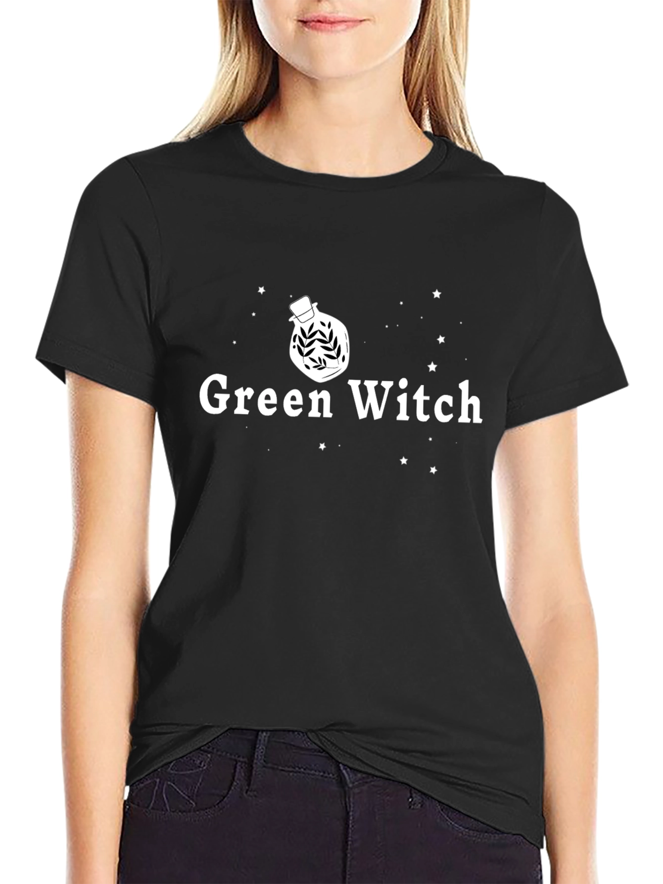 Green Witch Graphic Tee - Black Cotton T-Shirt