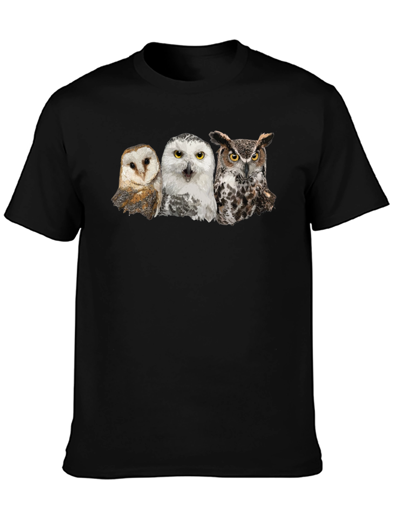Owl Trio Graphic Tee - Black Cotton T-Shirt