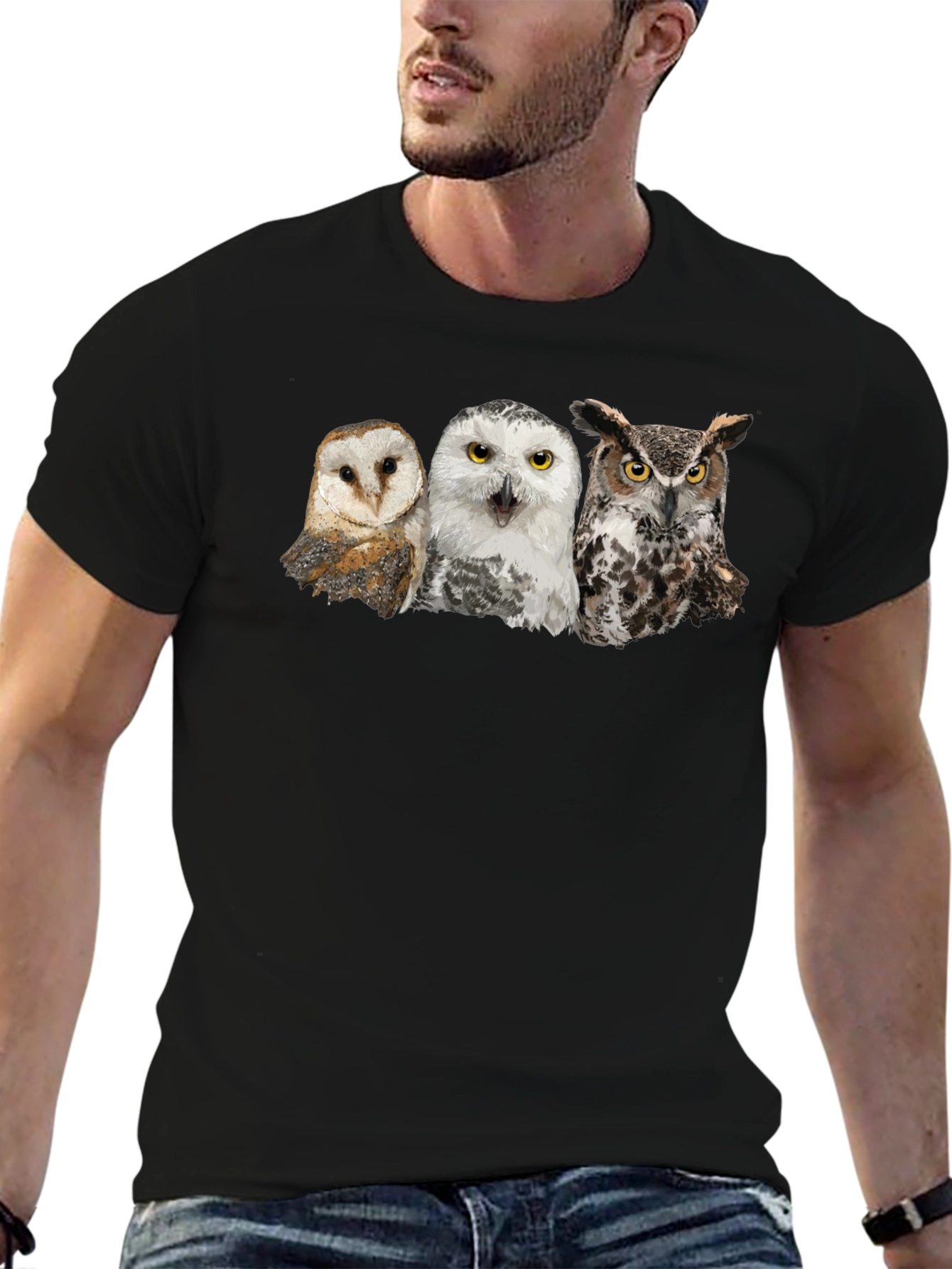 Owl Trio Graphic Tee - Black Cotton T-Shirt