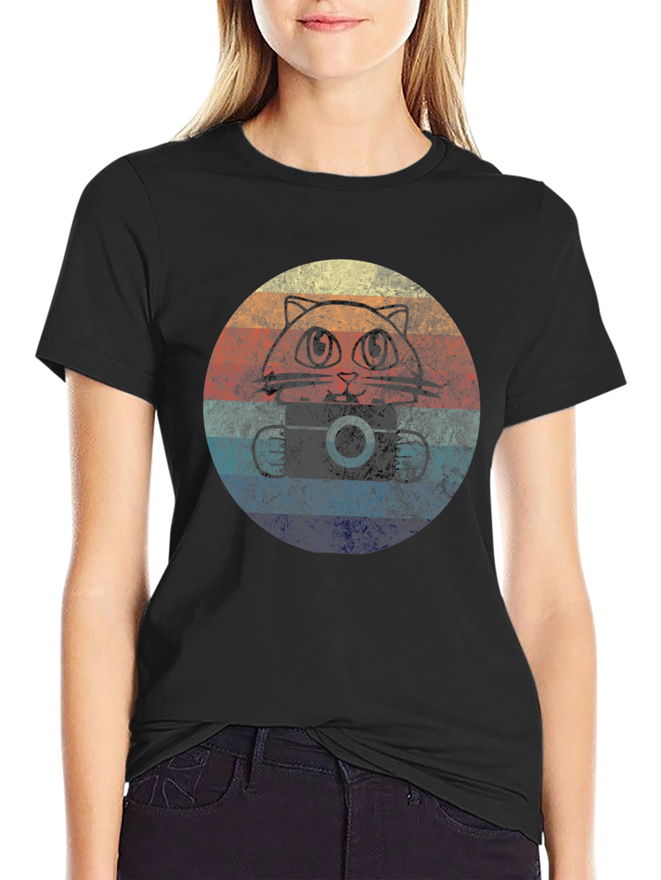 Retro Cat Camera T-Shirt - Vintage Style Tee