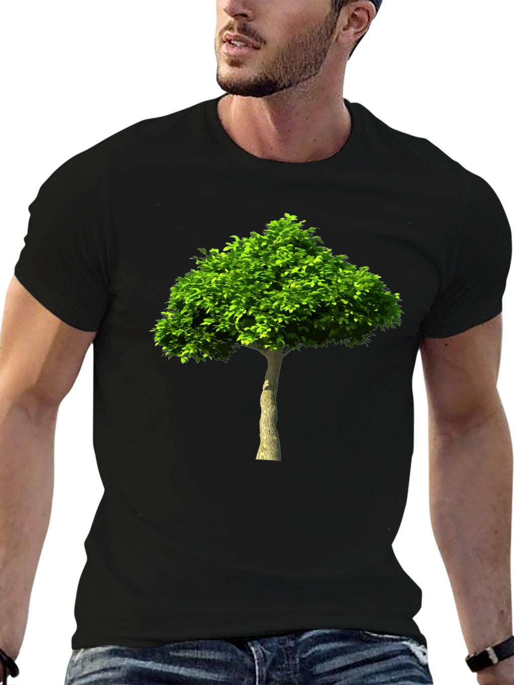 Green Tree Graphic Print Black T-Shirt