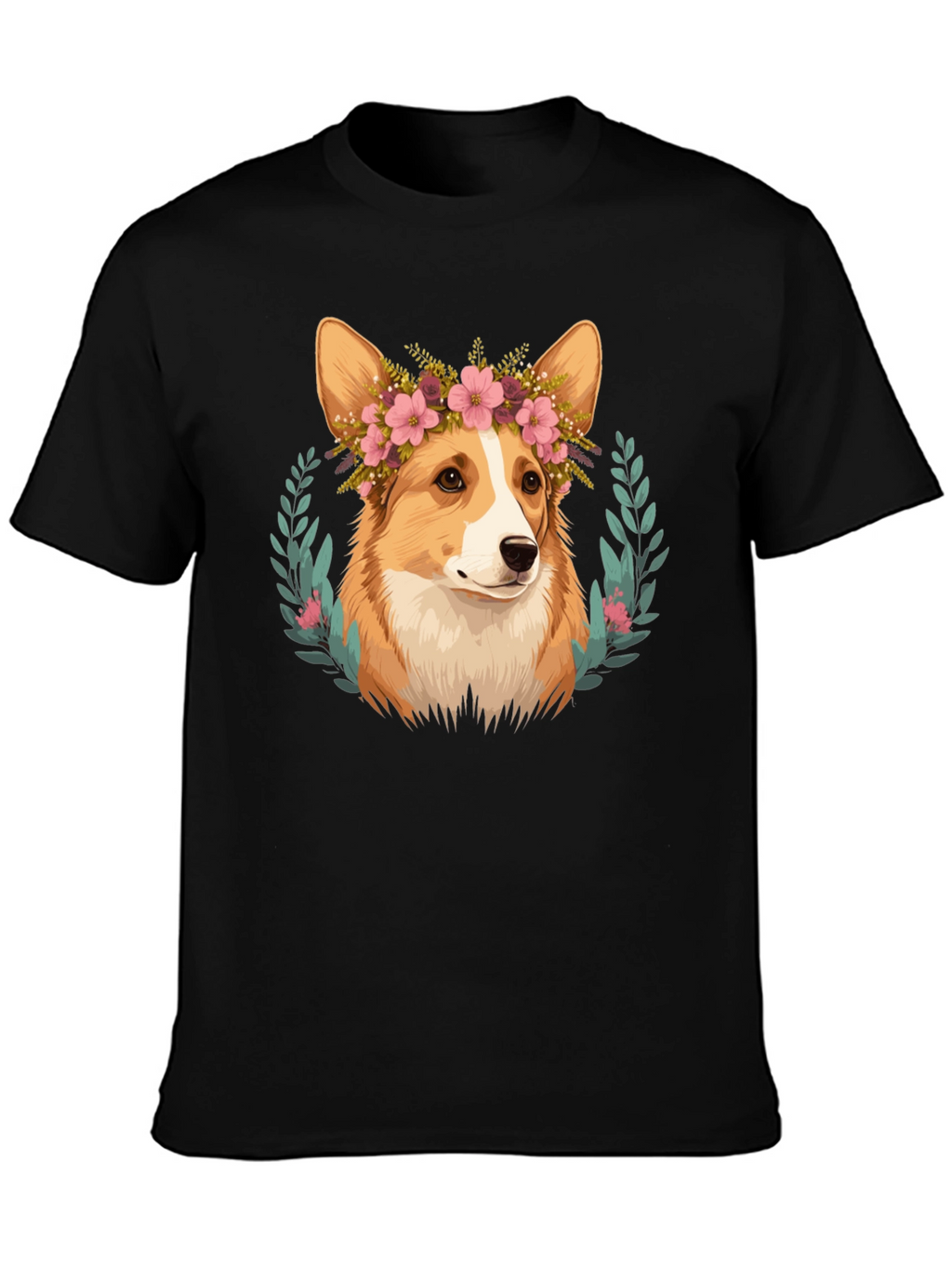 Corgi Flower Crown Black T-Shirt