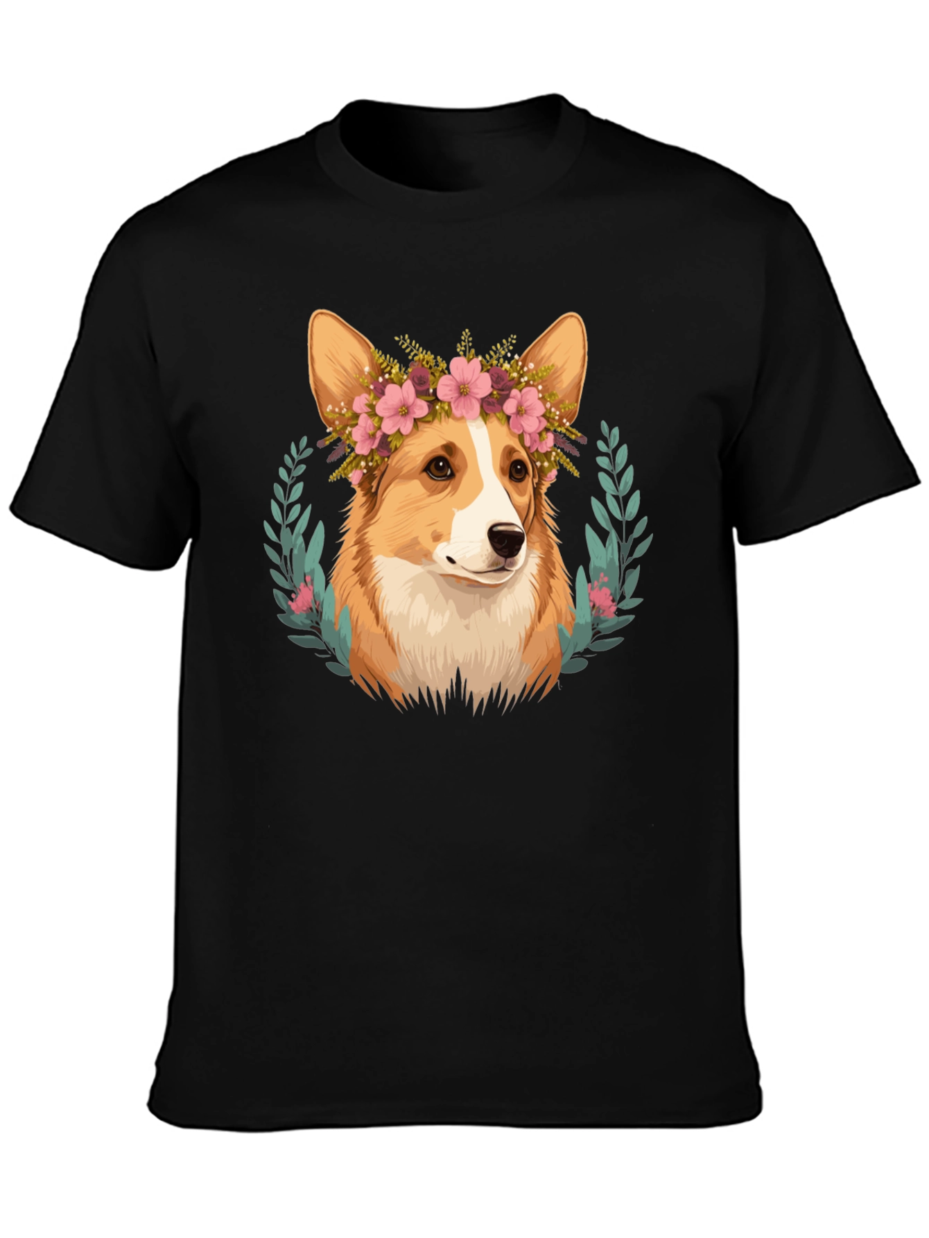 Corgi Flower Crown Black T-Shirt