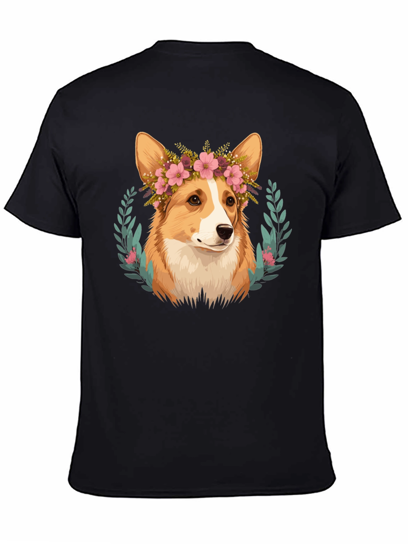 Corgi Flower Crown Black T-Shirt