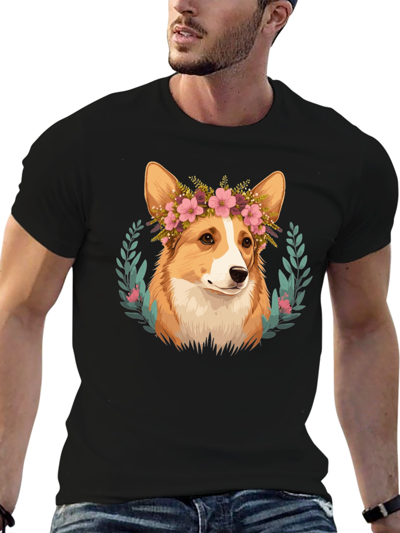 Corgi Flower Crown Black T-Shirt