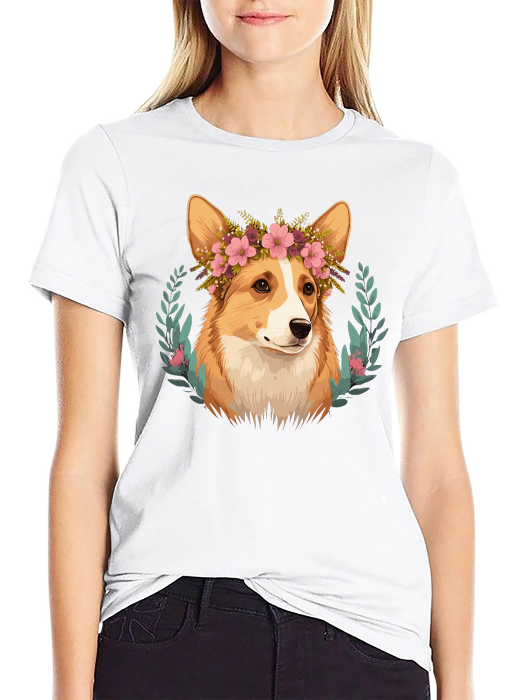 Corgi Flower Crown Black T-Shirt