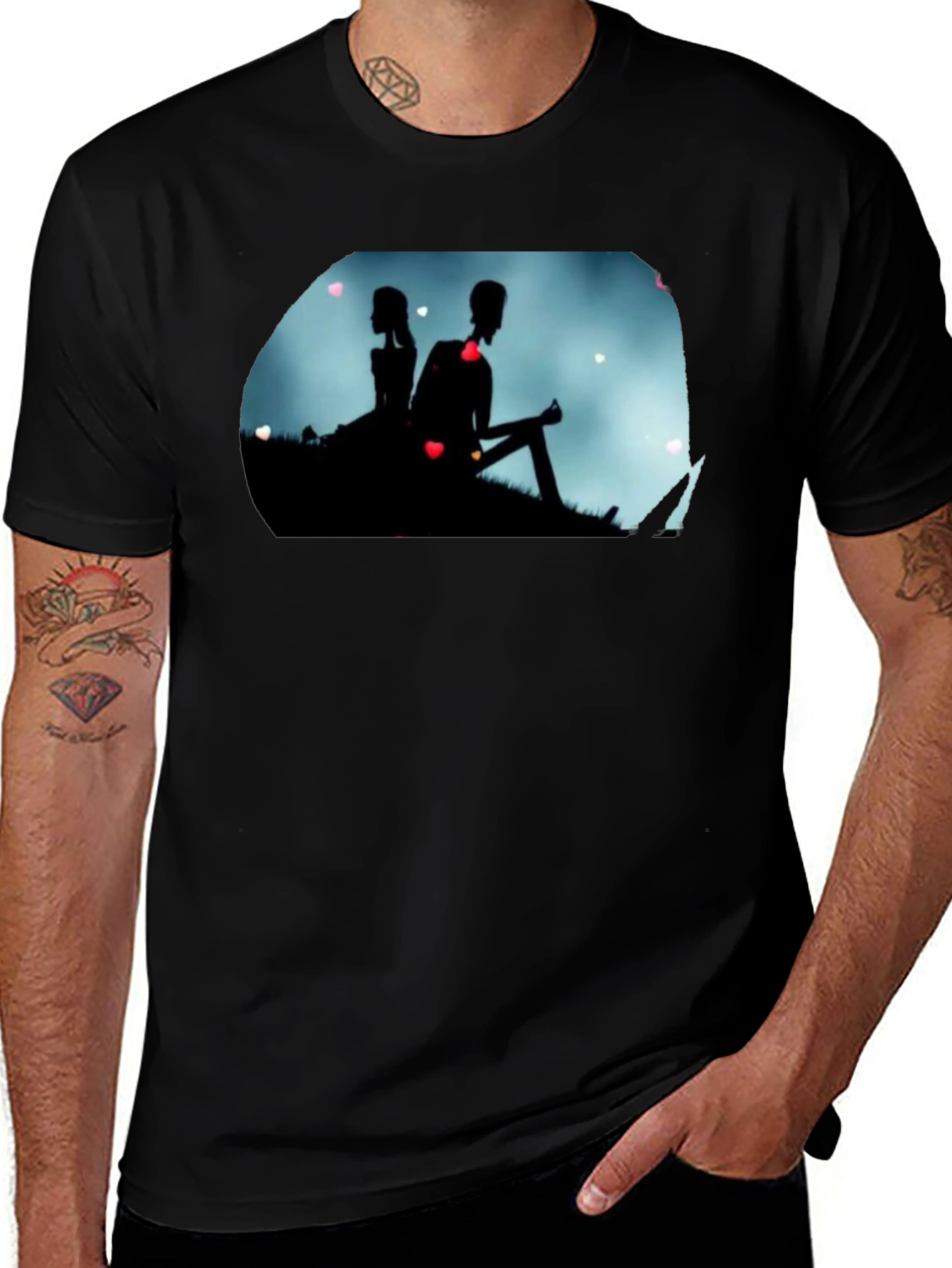 Silhouette Couple Heart Graphic Black Tee