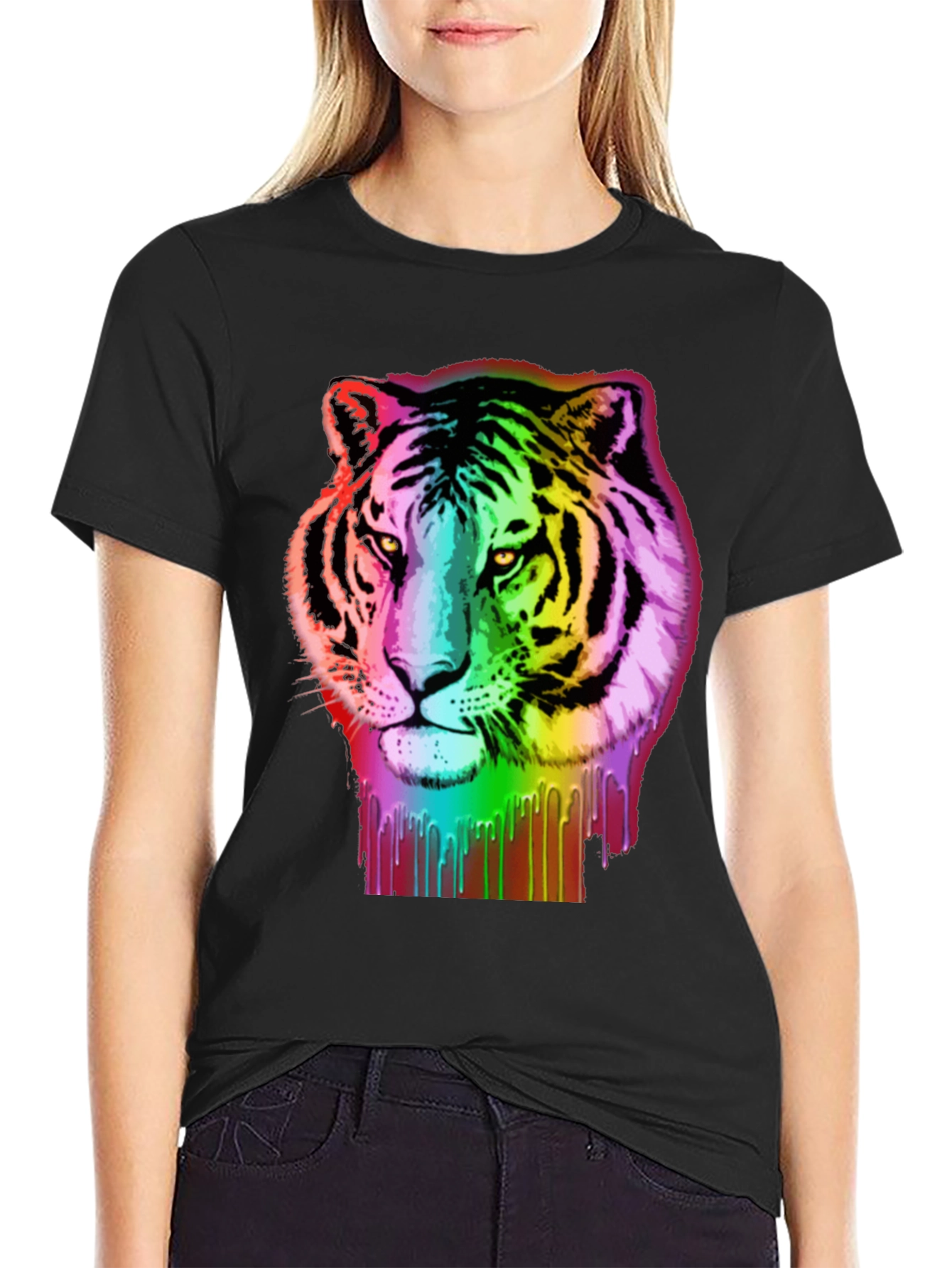 Rainbow Tiger Graphic Tee - Black Cotton T-Shirt