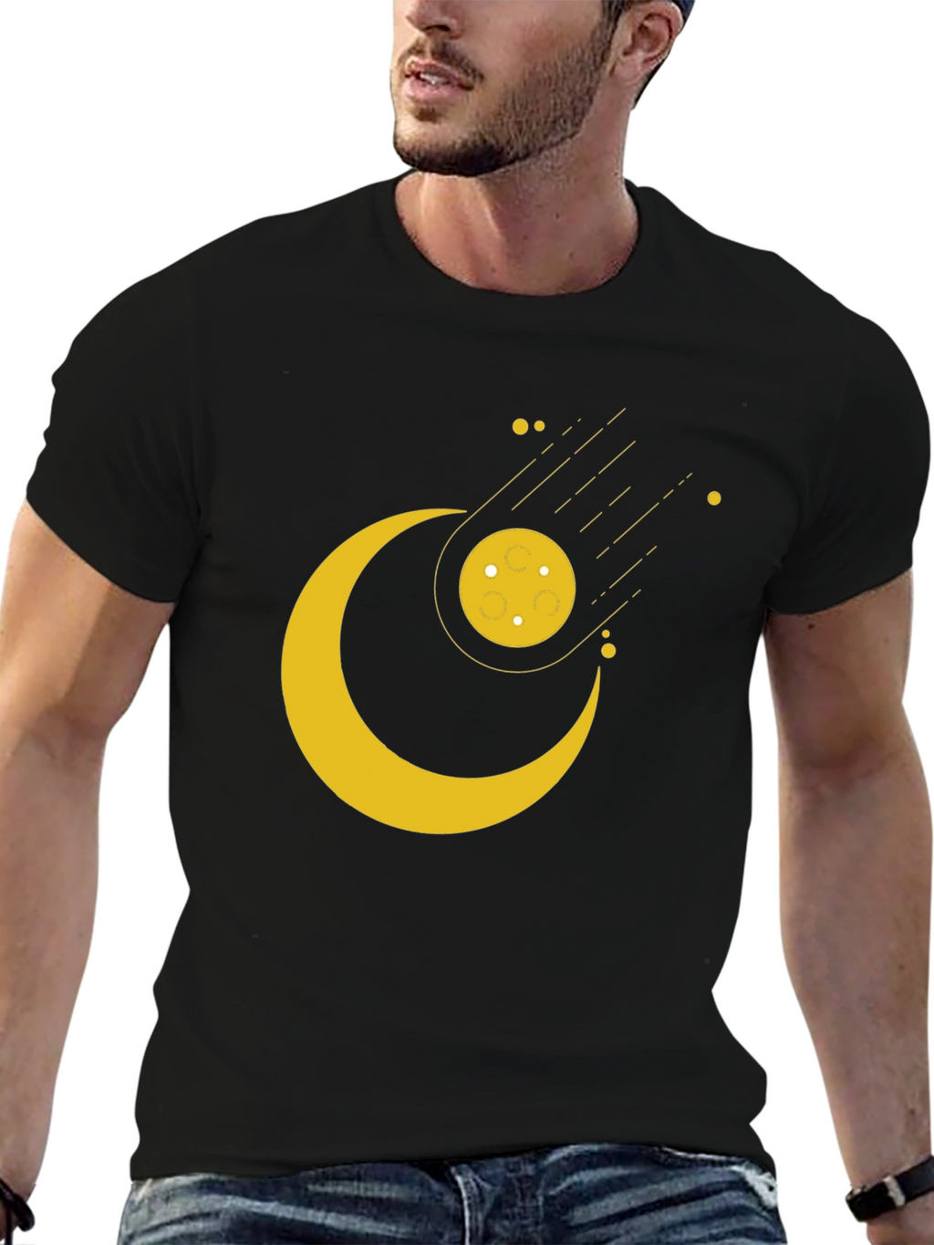 Cosmic Crescent Moon Black T-Shirt