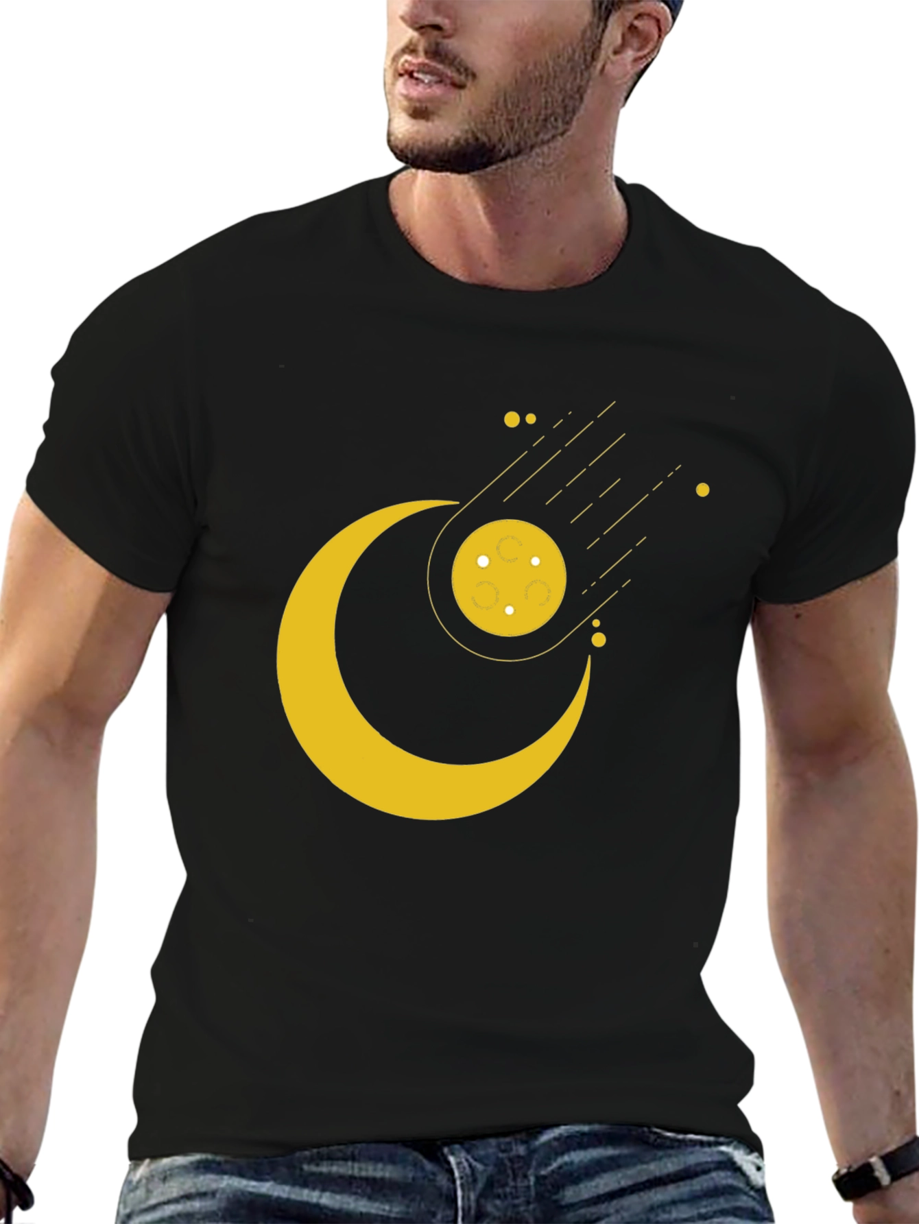 Cosmic Crescent Moon Black T-Shirt