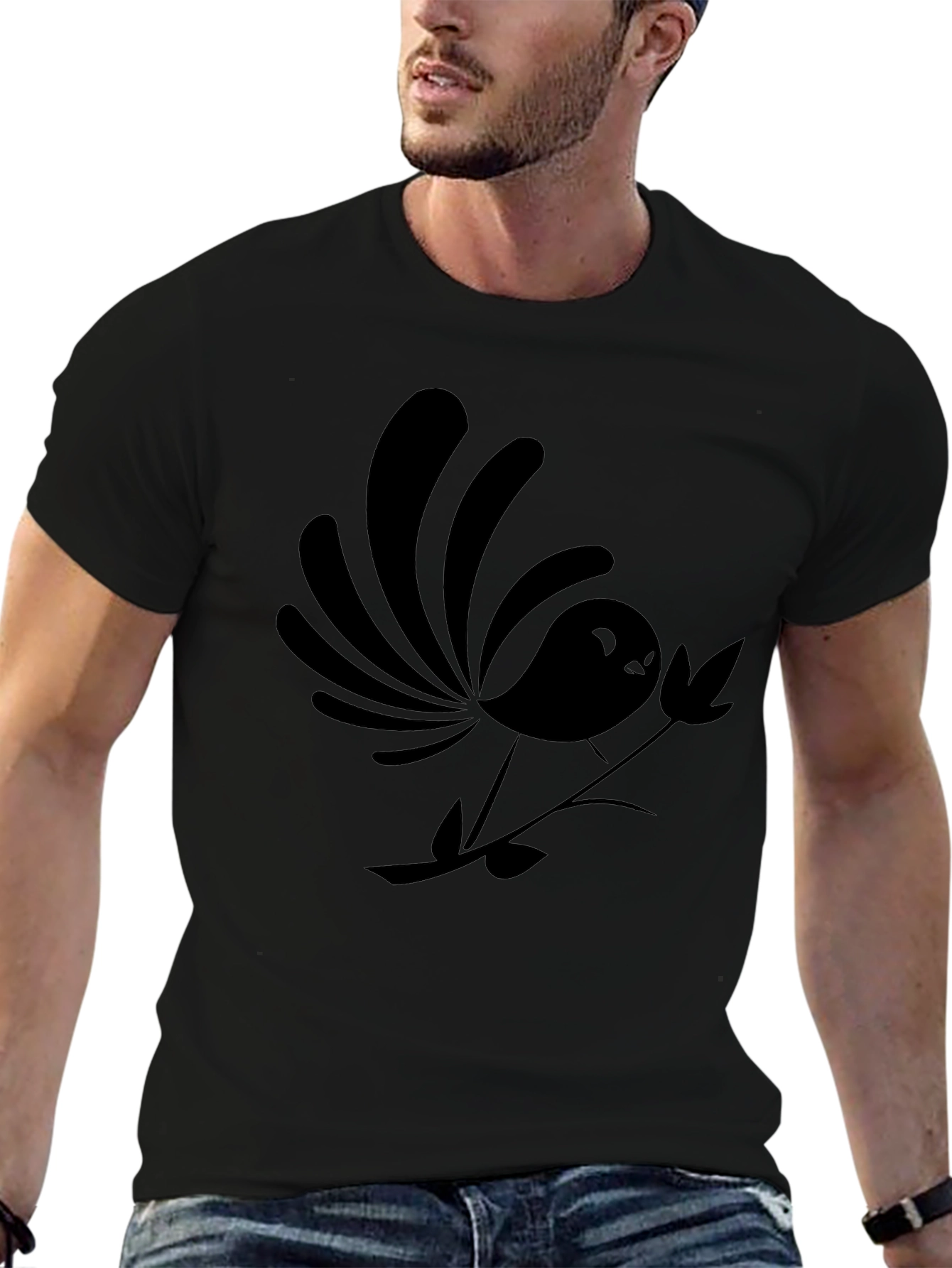 Stylized Bird Graphic Black T-Shirt