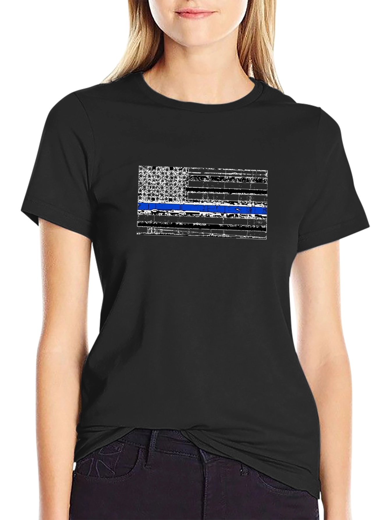 Distressed Thin Blue Line Flag Graphic T-Shirt