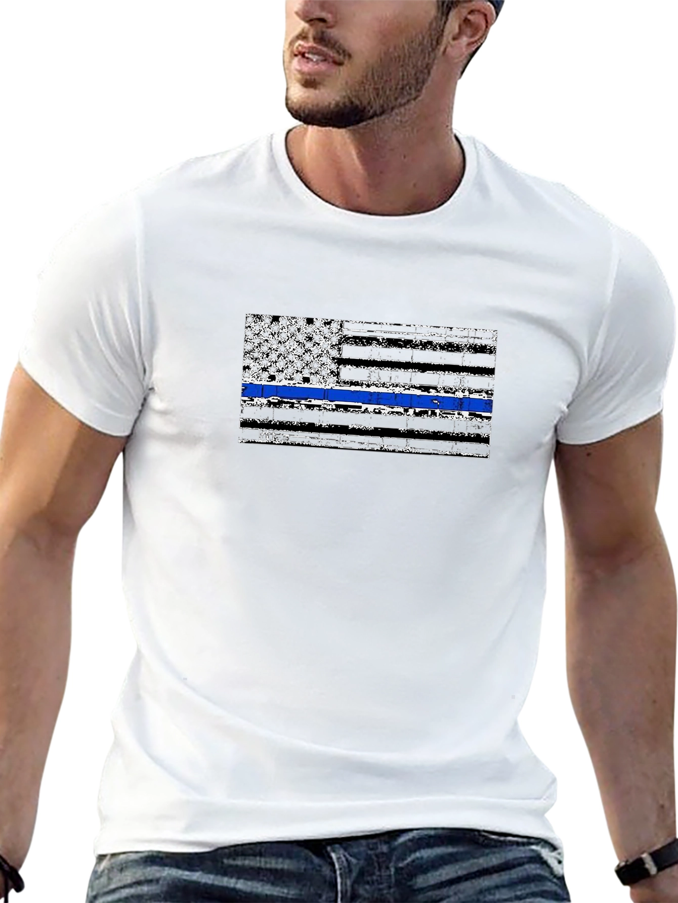 Distressed Thin Blue Line Flag Graphic T-Shirt