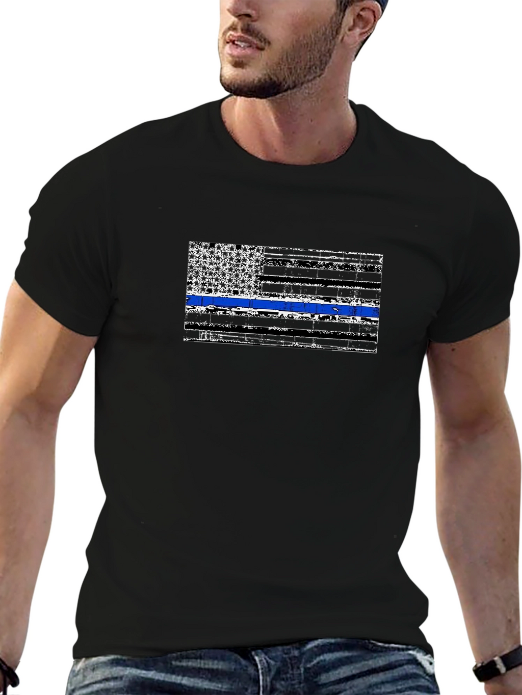 Distressed Thin Blue Line Flag Graphic T-Shirt