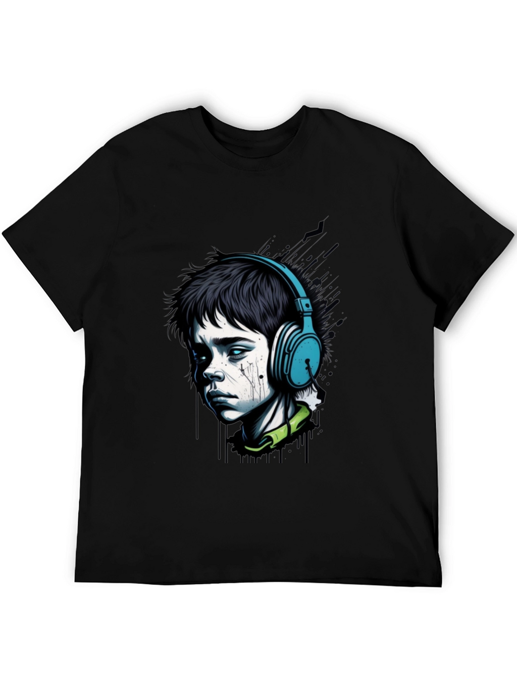 Edgy Boy with Headphones Graphic Tee - Black