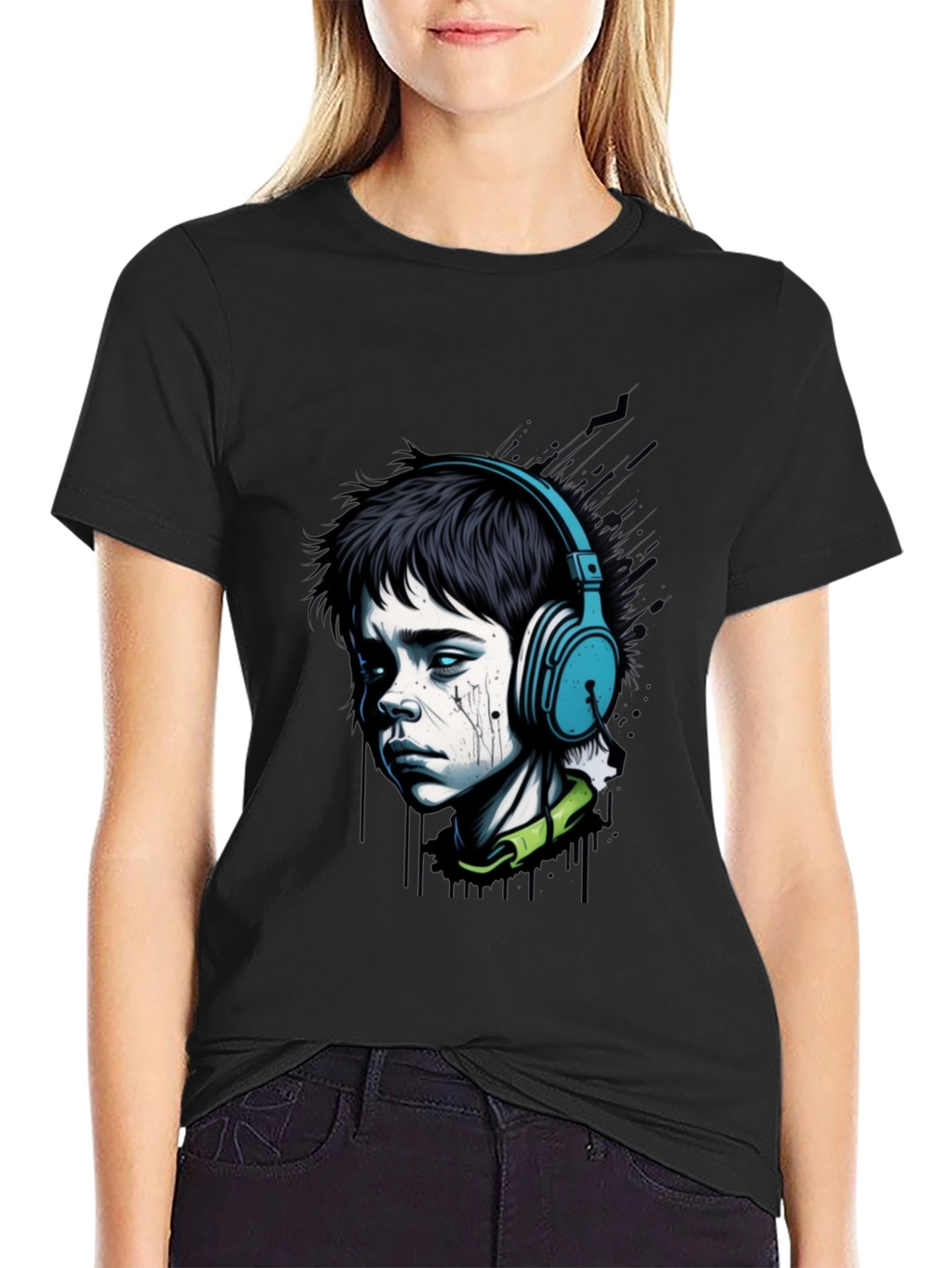 Edgy Boy with Headphones Graphic Tee - Black
