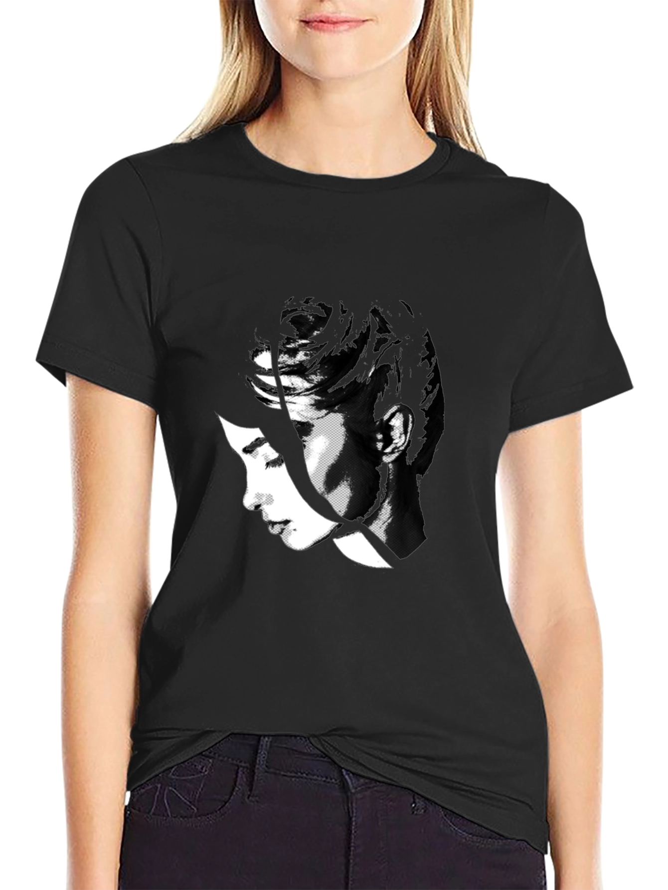 Abstract Black T-Shirt with Womans Face Design