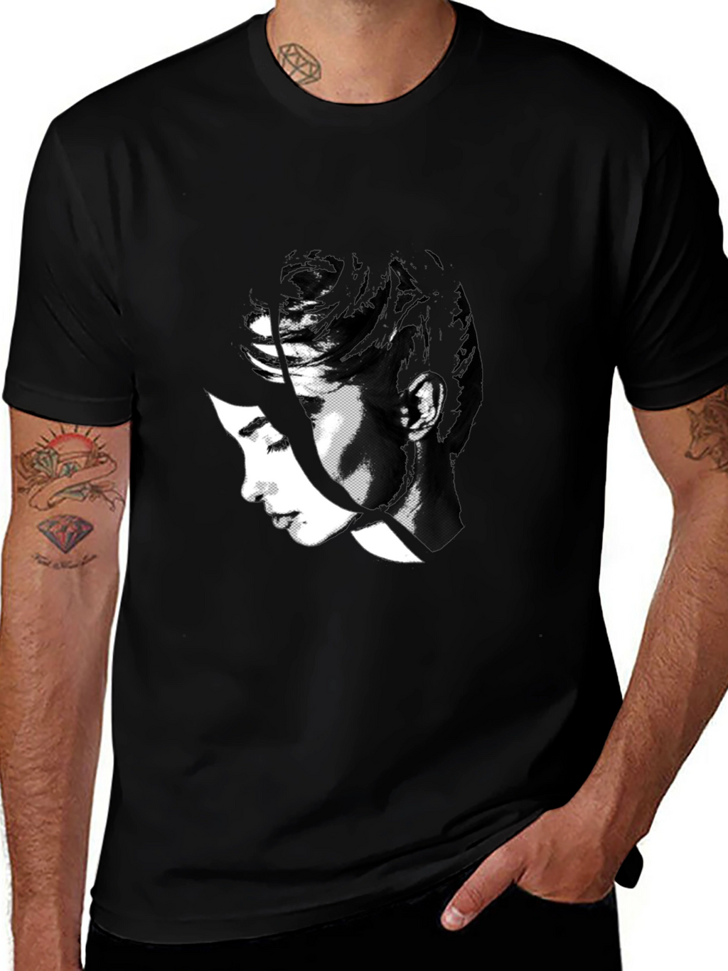 Abstract Black T-Shirt with Womans Face Design
