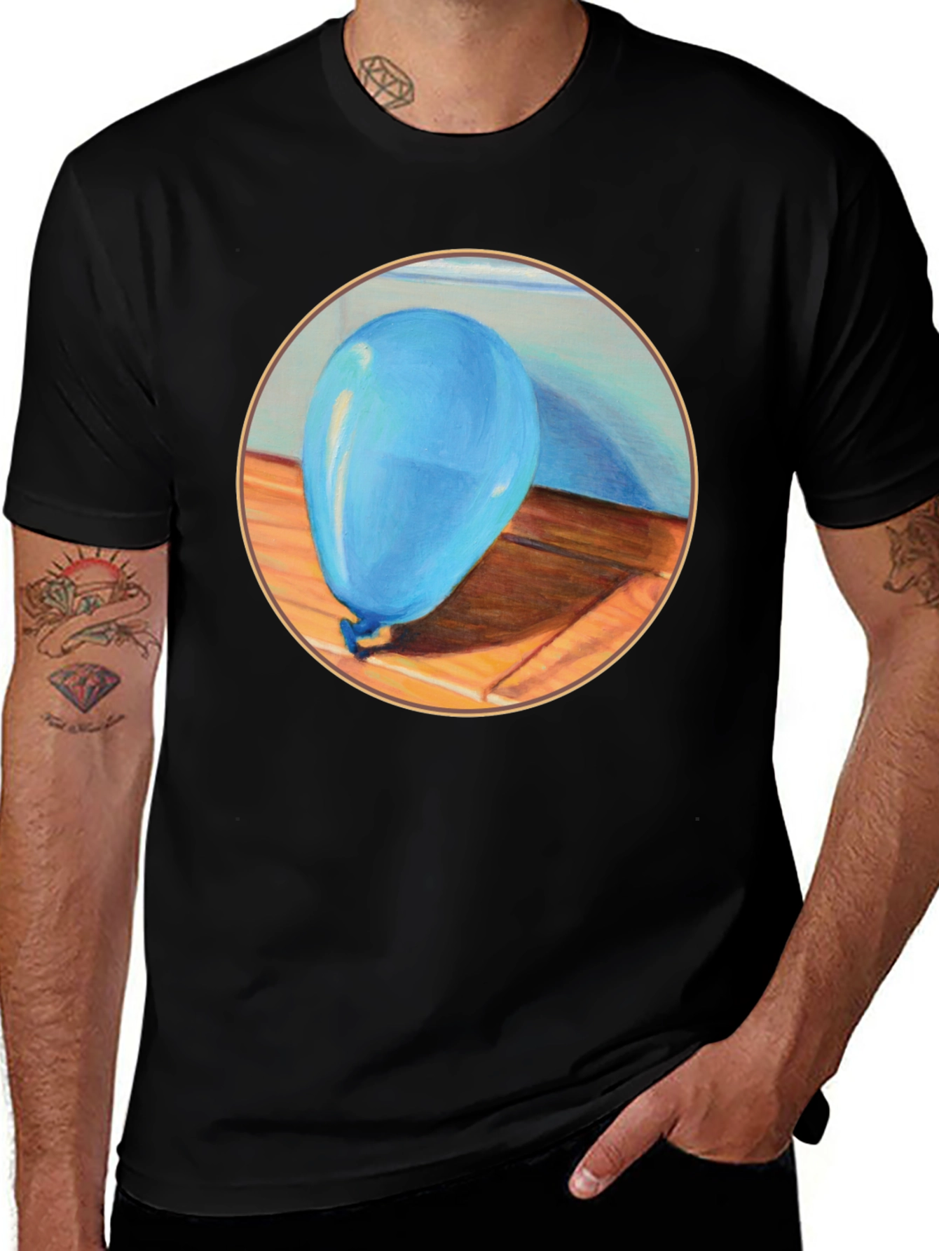 Blue Balloon Graphic Print Black T-Shirt