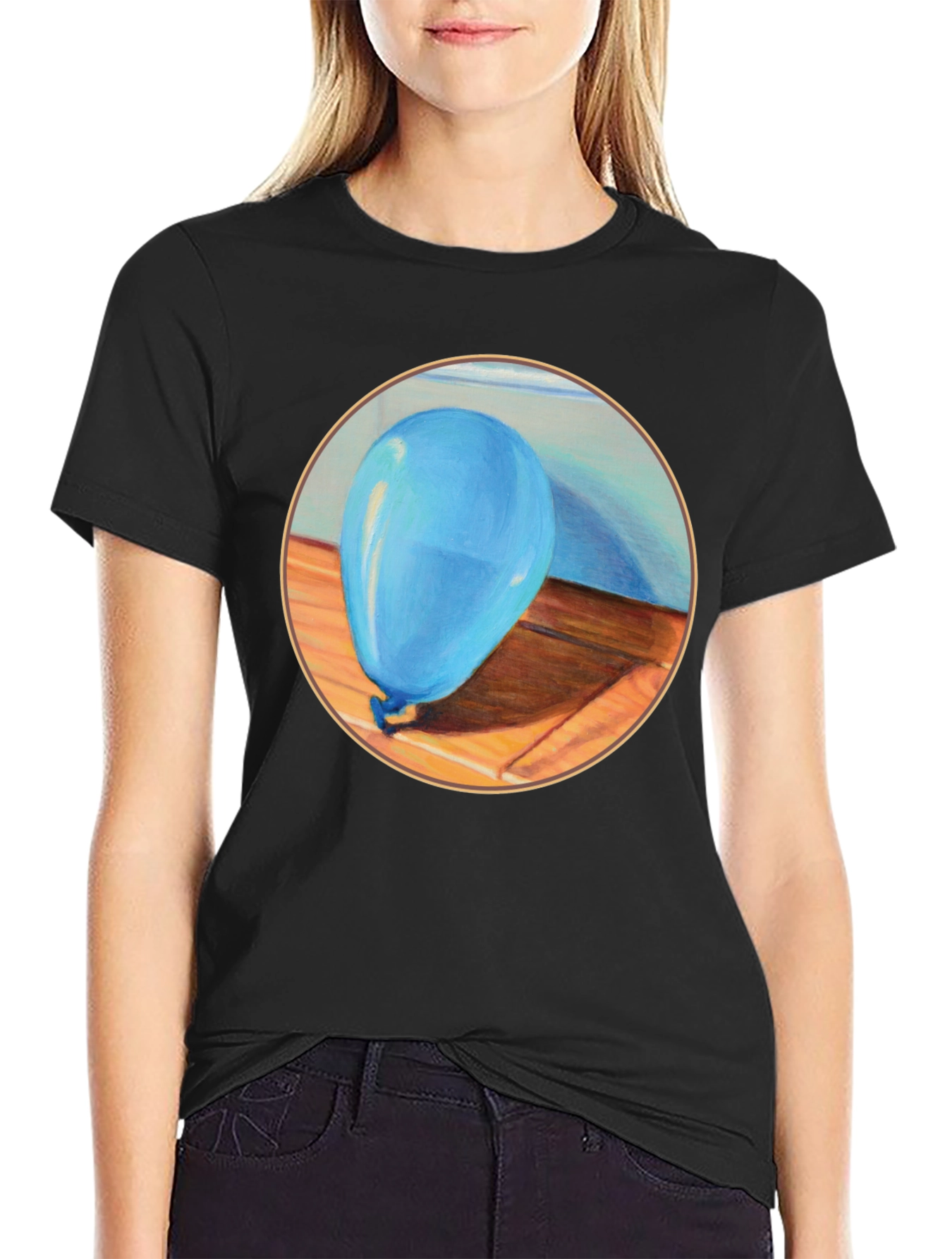 Blue Balloon Graphic Print Black T-Shirt