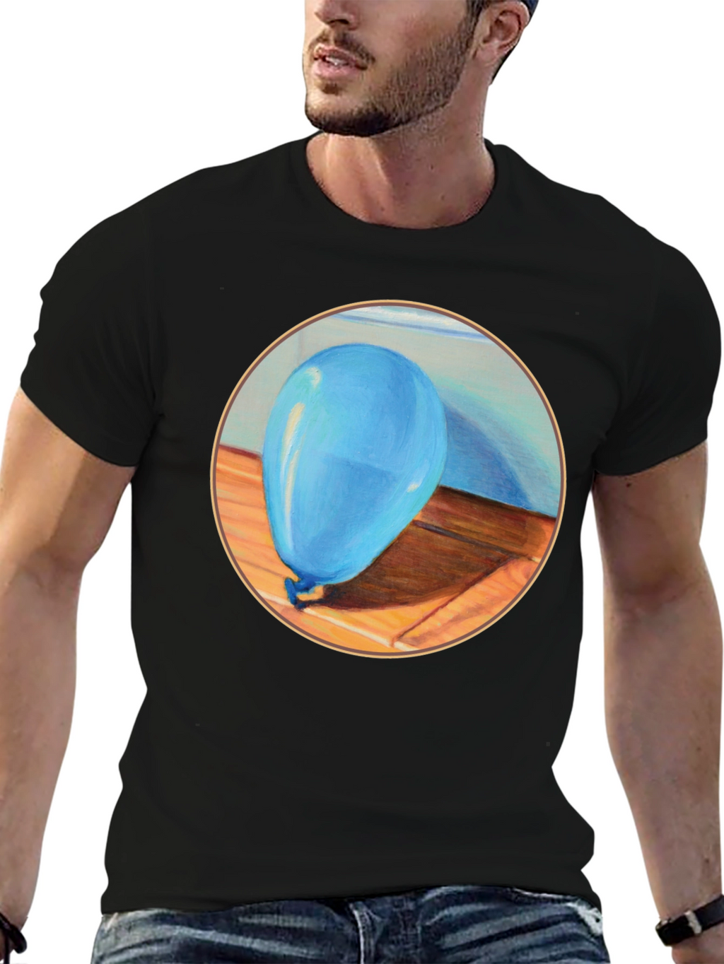 Blue Balloon Graphic Print Black T-Shirt