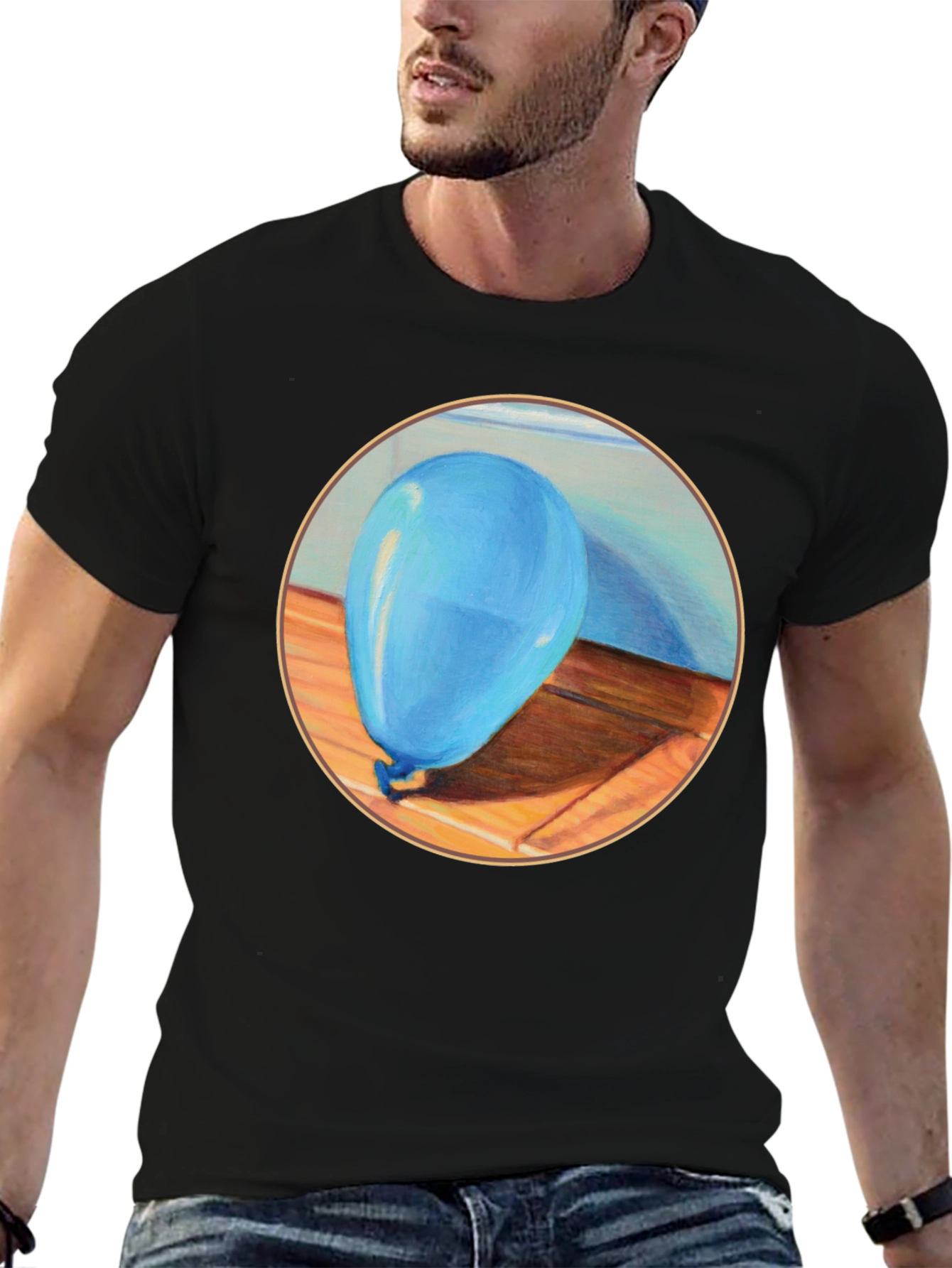 Blue Balloon Graphic Print Black T-Shirt