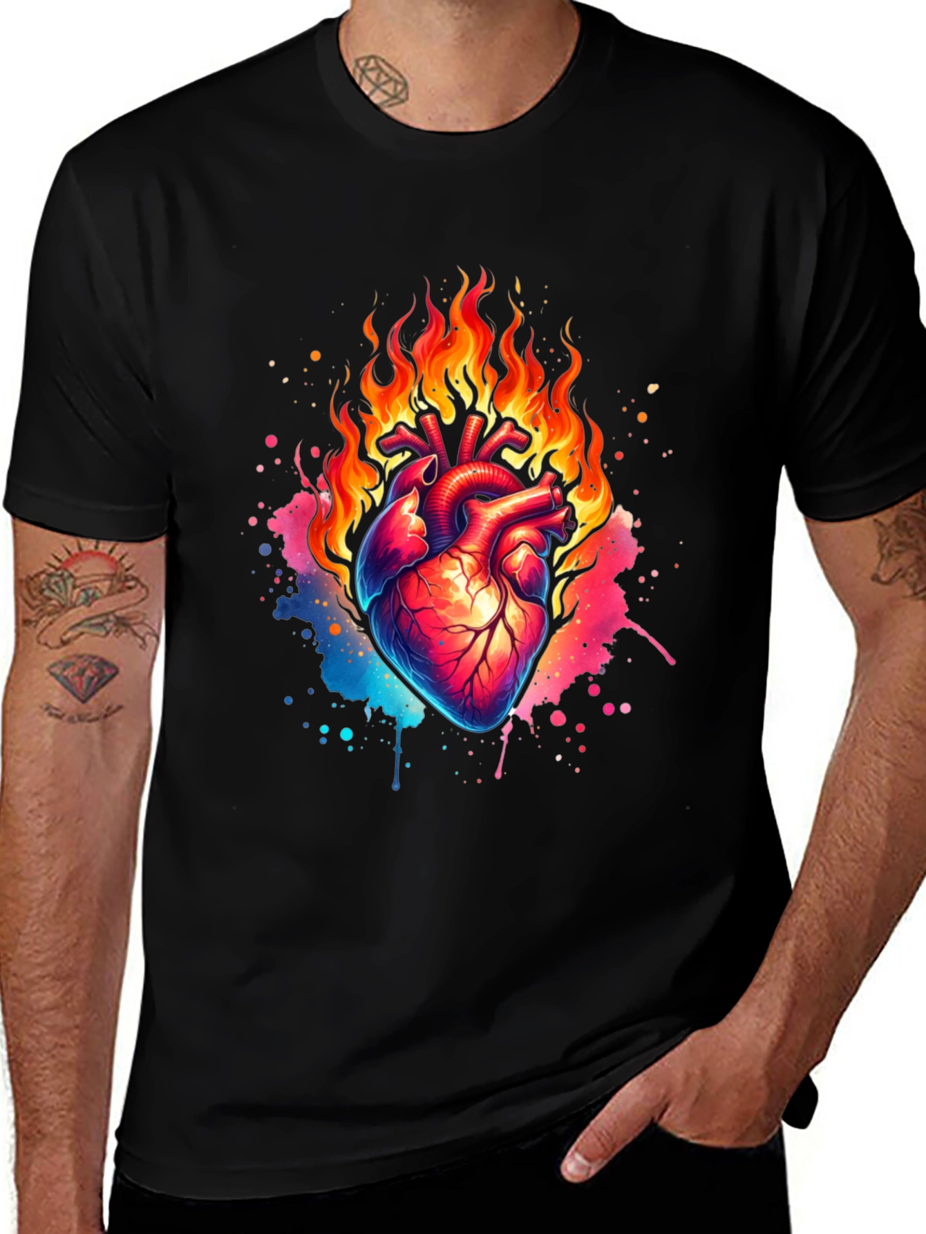 Flaming Heart Graphic Print Black T-Shirt