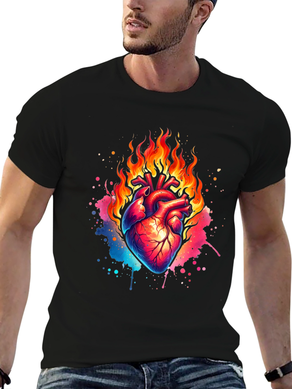 Flaming Heart Graphic Print Black T-Shirt