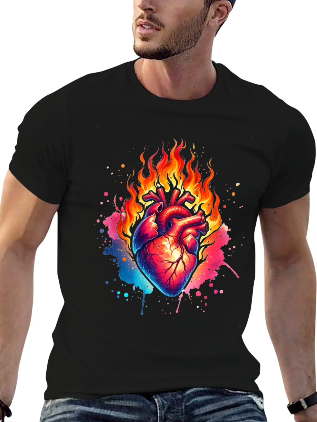 Flaming Heart Graphic Print Black T-Shirt