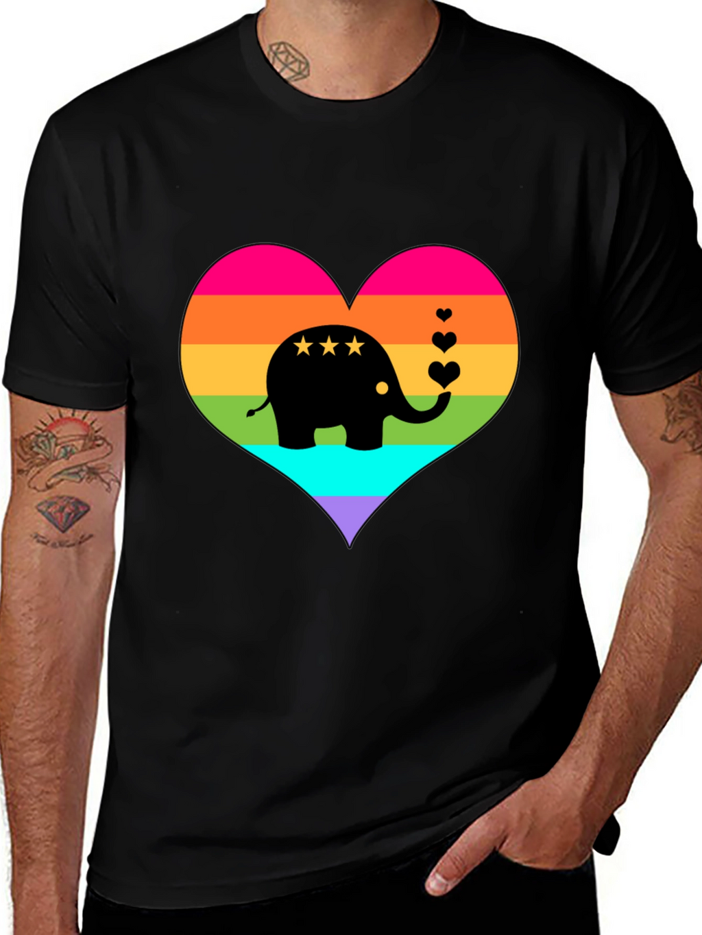 Rainbow Heart Elephant Black T-Shirt