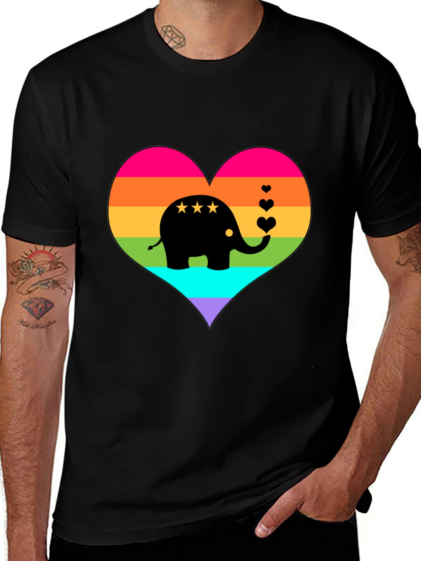 Rainbow Heart Elephant Black T-Shirt