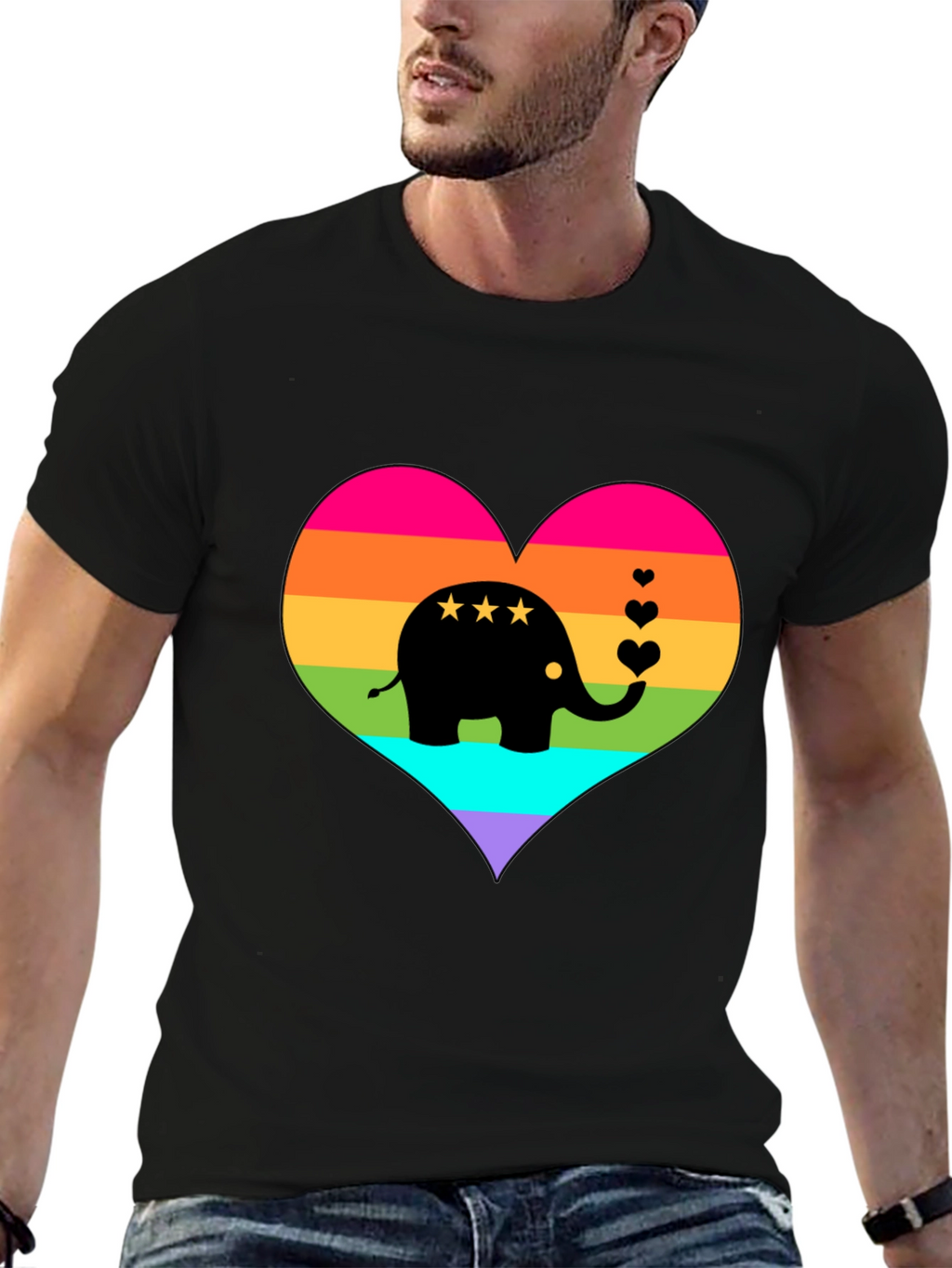 Rainbow Heart Elephant Black T-Shirt