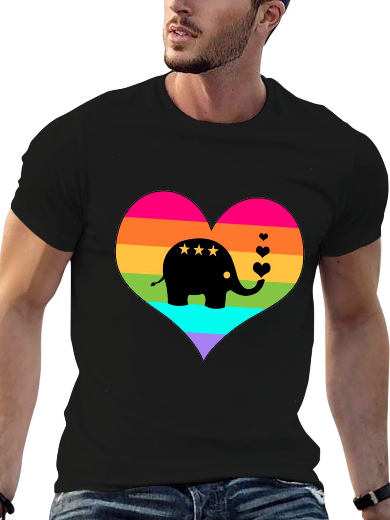 Rainbow Heart Elephant Black T-Shirt