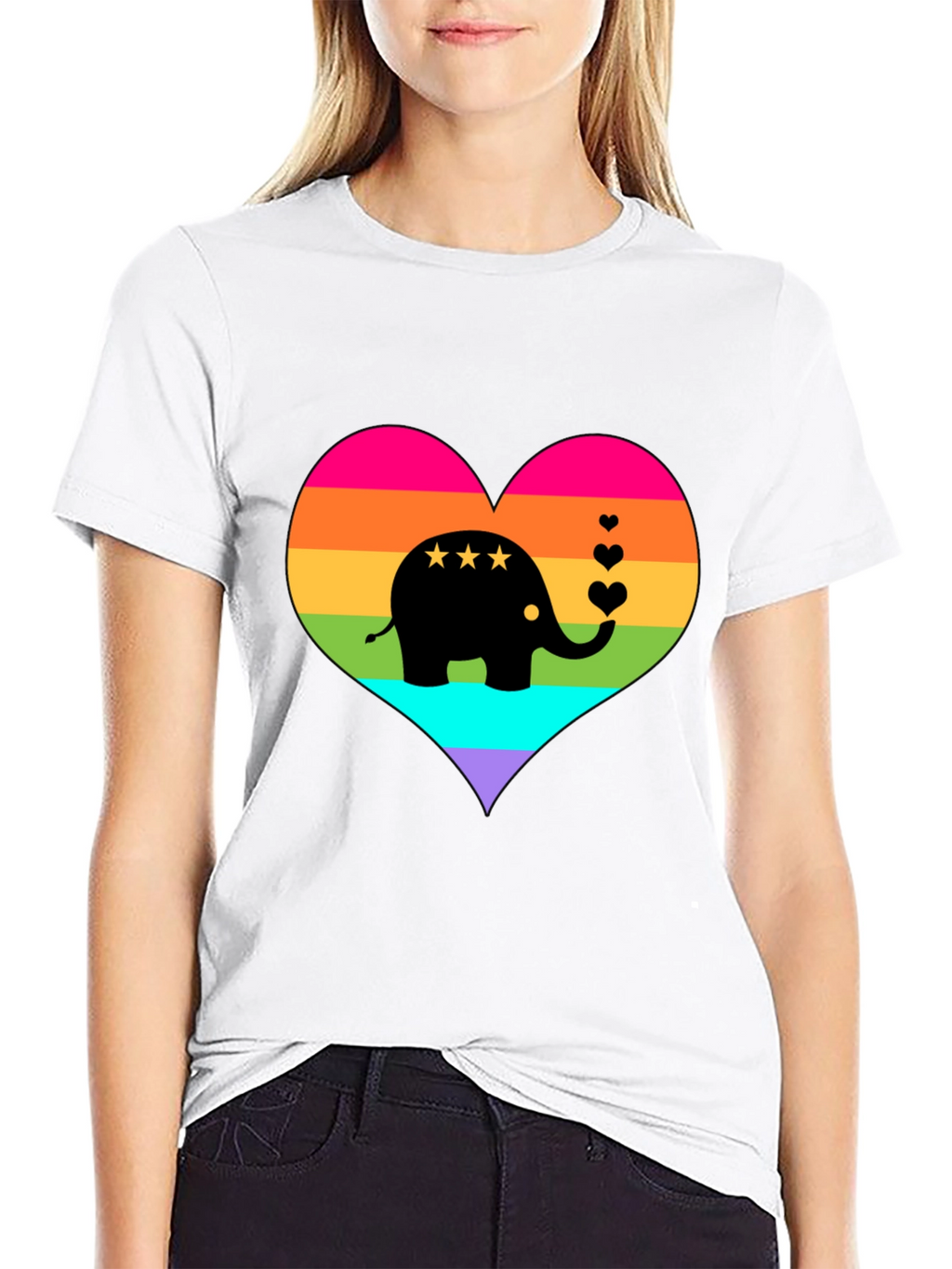 Rainbow Heart Elephant Black T-Shirt