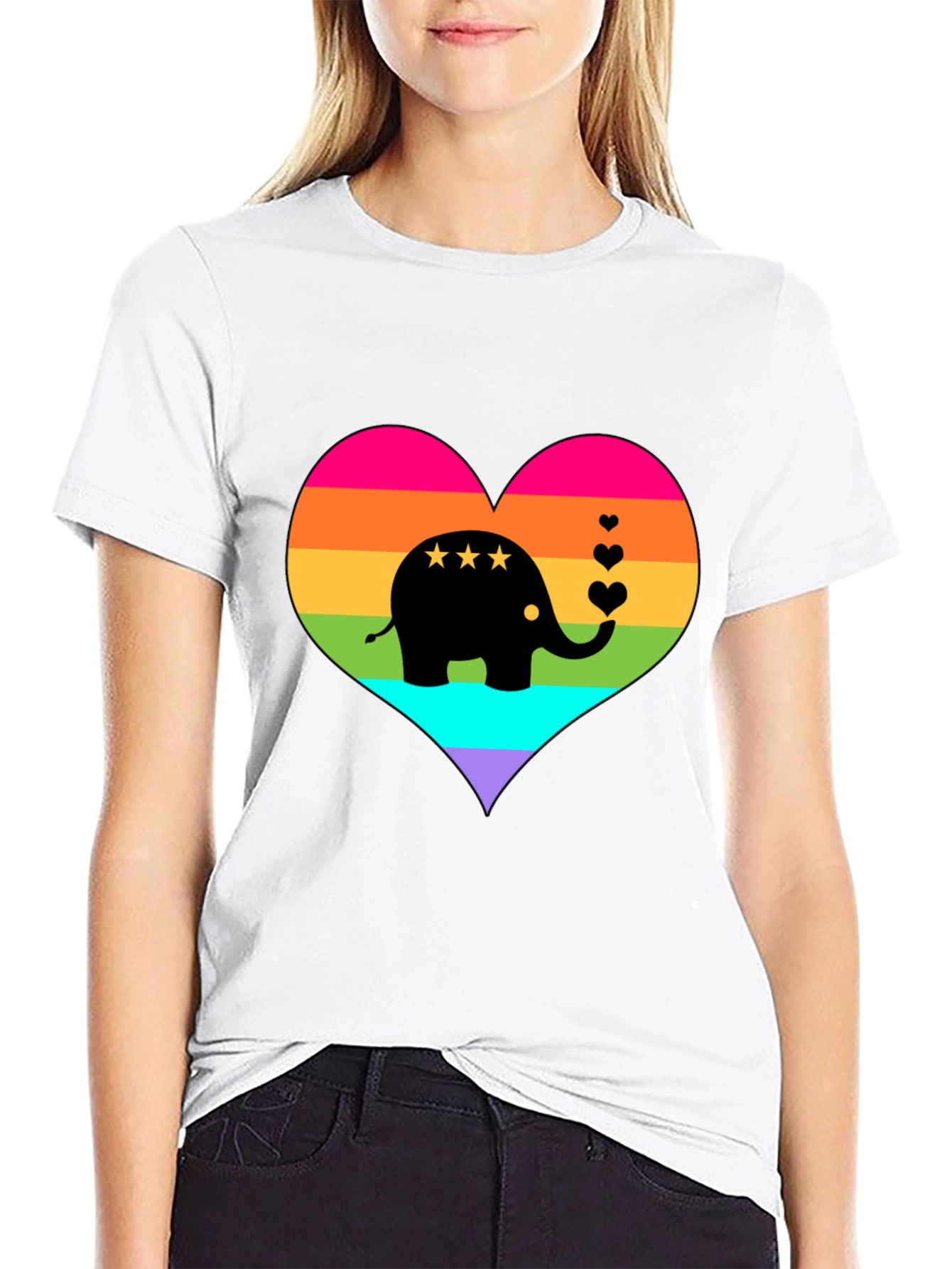 Rainbow Heart Elephant Black T-Shirt